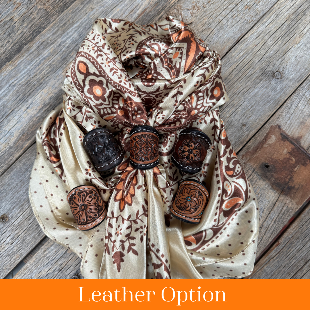 35X35" Tan/Brown Polka Dot & Paisley Wild Rag / Scarf WR445 - Tooled Leather Wild Rag Slides - Assorted
