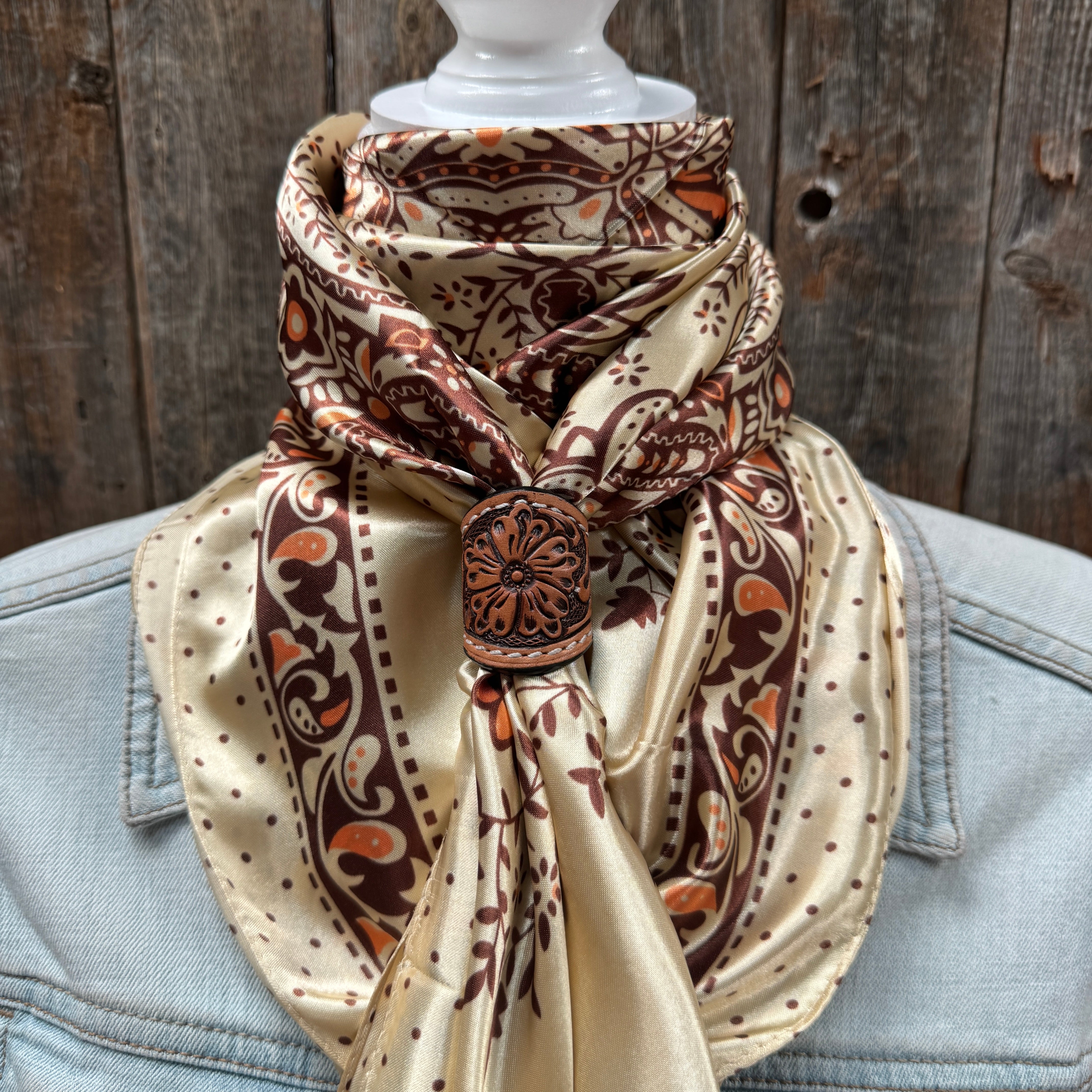 35X35" Tan/Brown Polka Dot & Paisley Wild Rag / Scarf WR445 - Tooled Leather Wild Rag Slides - Assorted