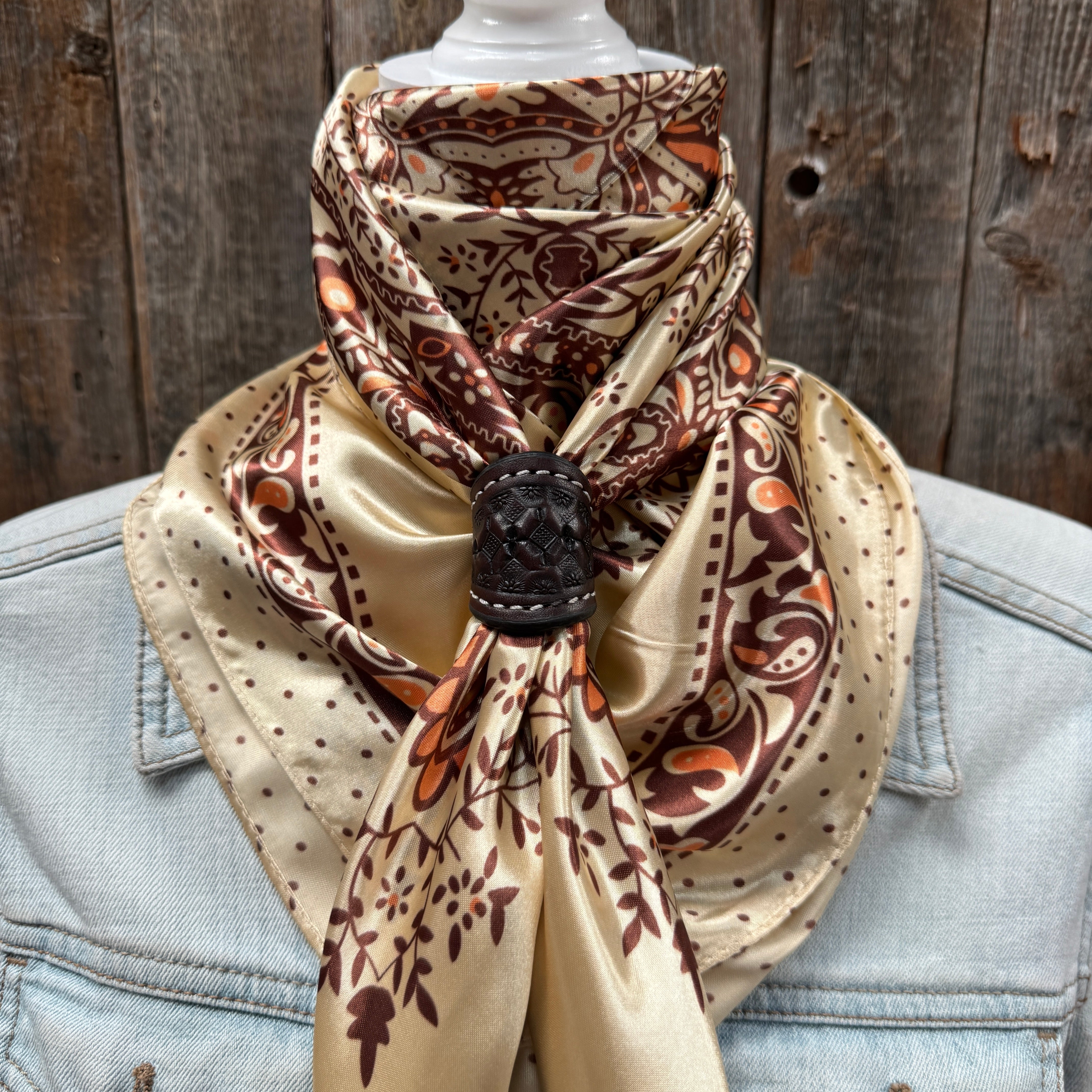 35X35" Tan/Brown Polka Dot & Paisley Wild Rag / Scarf WR445 - Tooled Leather Wild Rag Slides - Assorted
