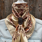 35X35" Tan/Brown Polka Dot & Paisley Wild Rag / Scarf WR445 - Tooled Leather Wild Rag Slides - Assorted