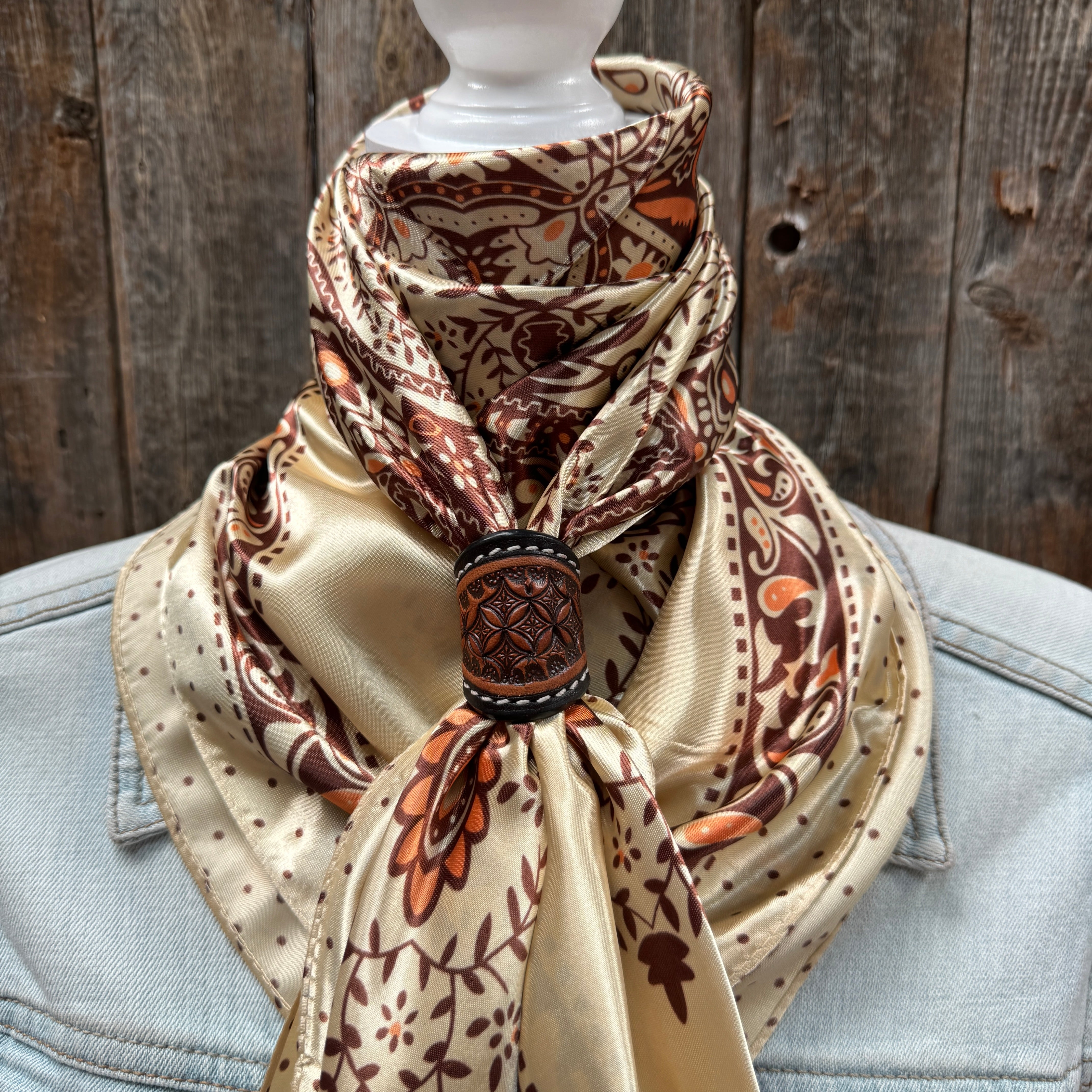 35X35" Tan/Brown Polka Dot & Paisley Wild Rag / Scarf WR445 - Tooled Leather Wild Rag Slides - Assorted