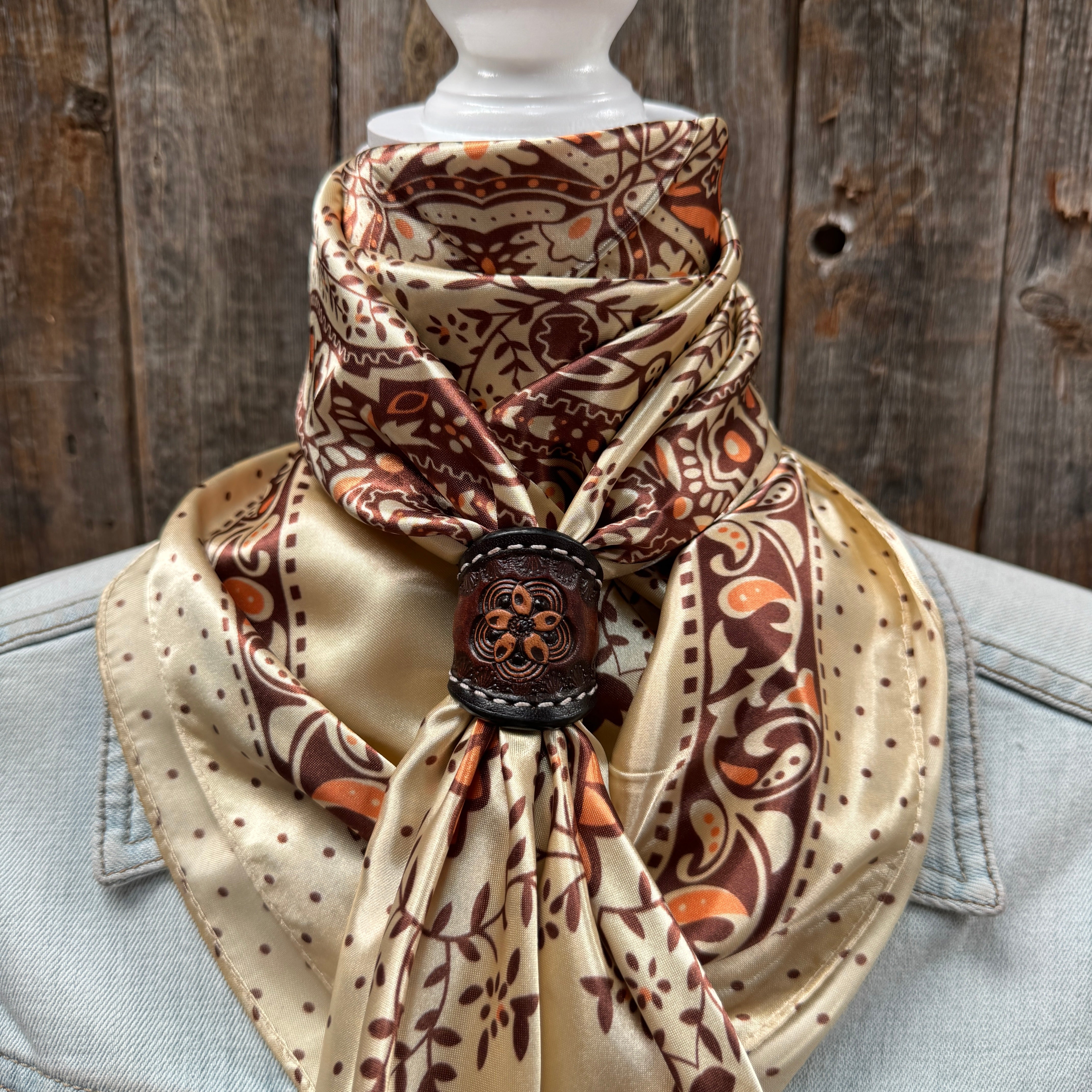 35X35" Tan/Brown Polka Dot & Paisley Wild Rag / Scarf WR445 - Tooled Leather Wild Rag Slides - Assorted