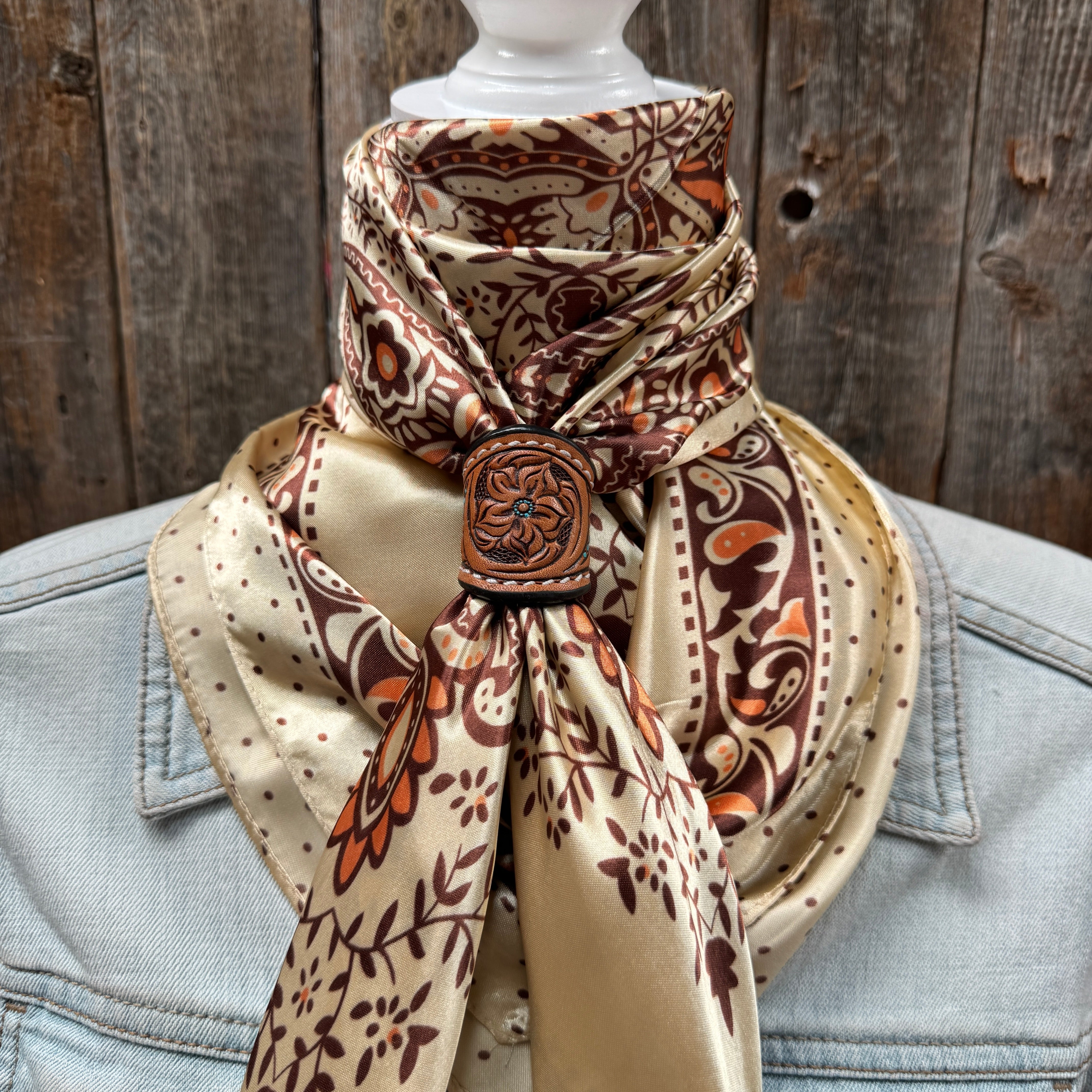 35X35" Tan/Brown Polka Dot & Paisley Wild Rag / Scarf WR445 - Tooled Leather Wild Rag Slides - Assorted
