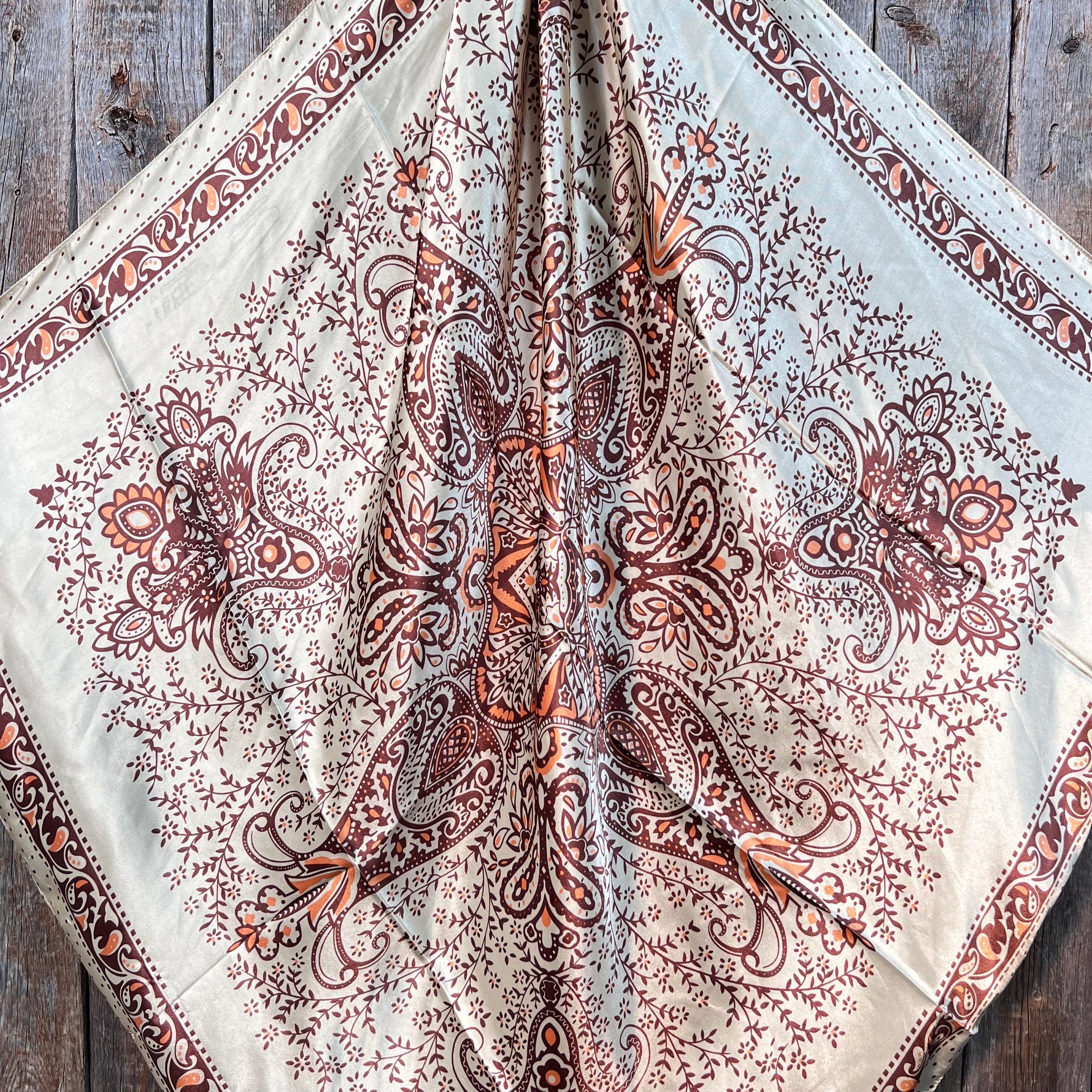 35X35" Tan/Brown Polka Dot & Paisley Wild Rag / Scarf WR445 - Tooled Leather Wild Rag Slides - Assorted
