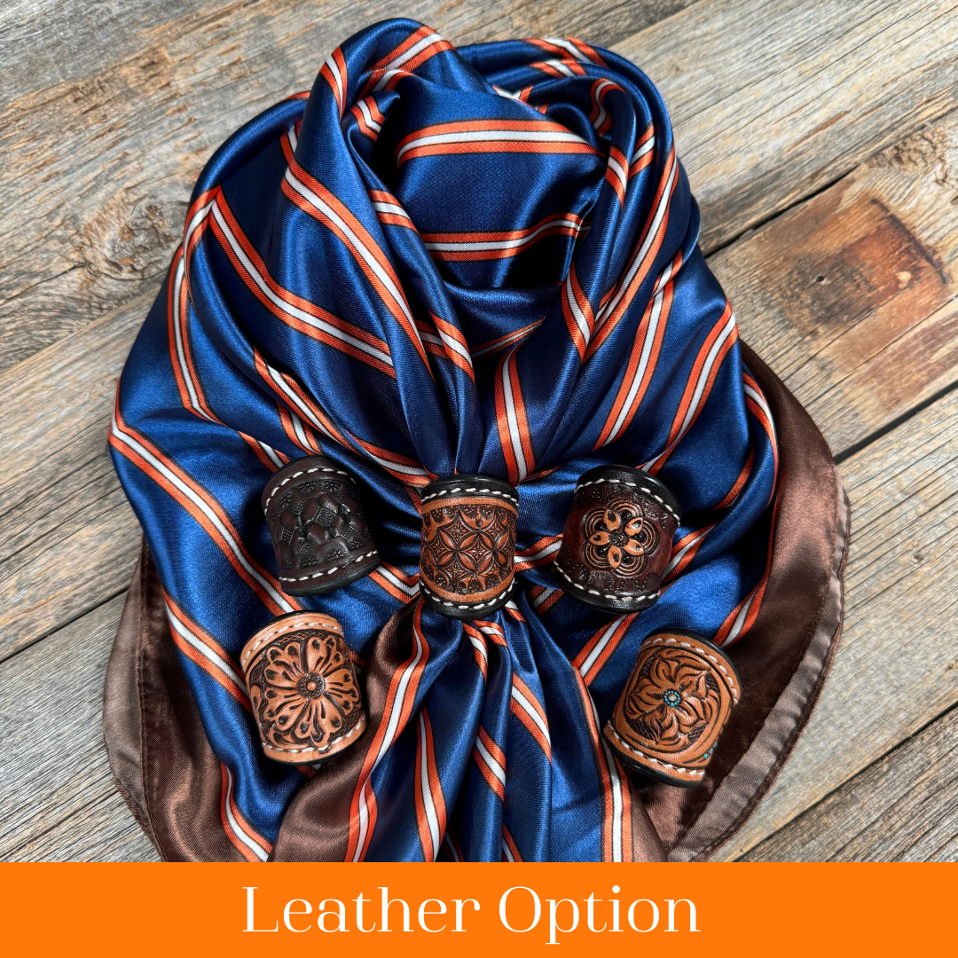 35X35" Orange and Blue Stripes Wild Rag / Scarf WR547X - Tooled Leather Wild Rag Slides - Assorted