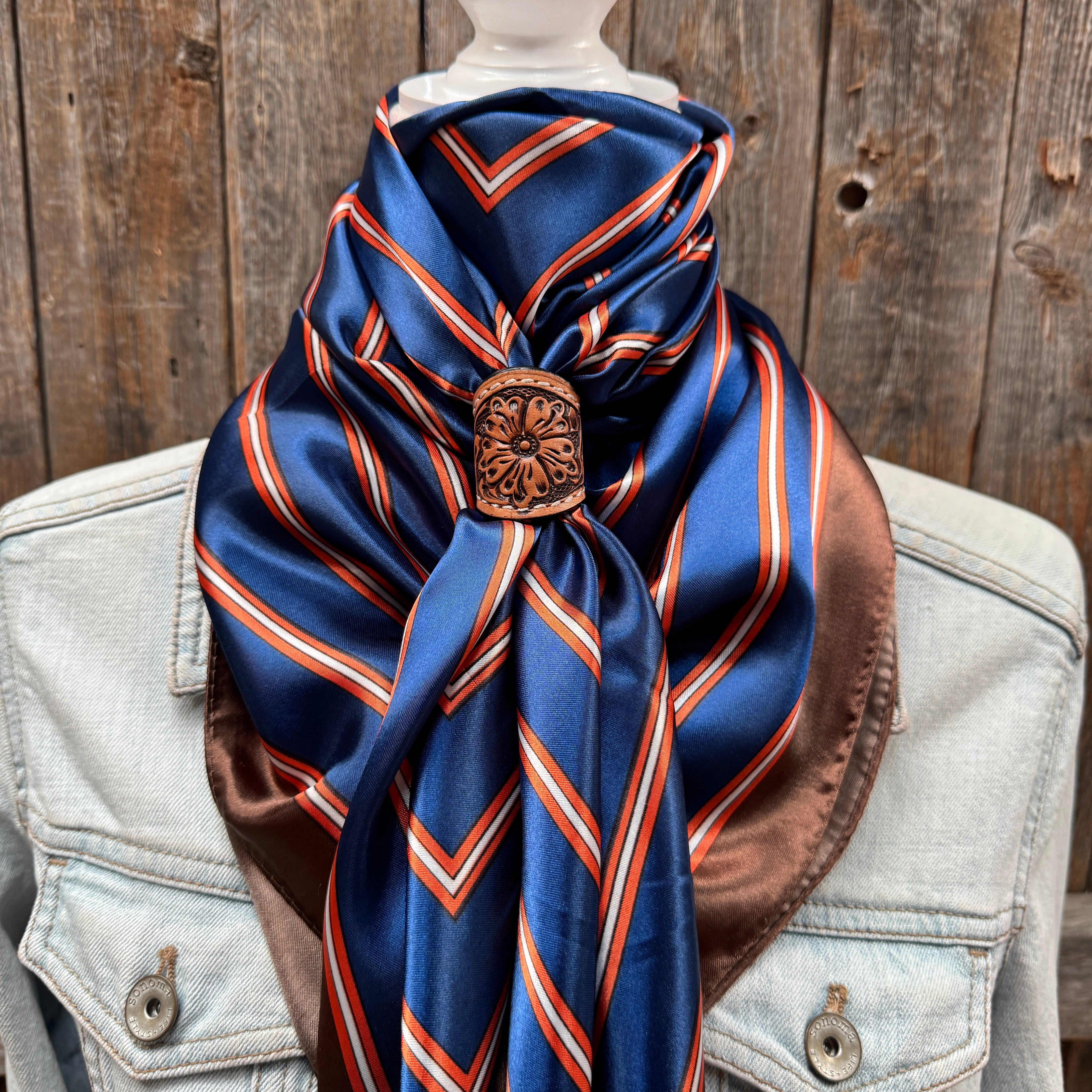 35X35" Orange and Blue Stripes Wild Rag / Scarf WR547X - Tooled Leather Wild Rag Slides - Assorted