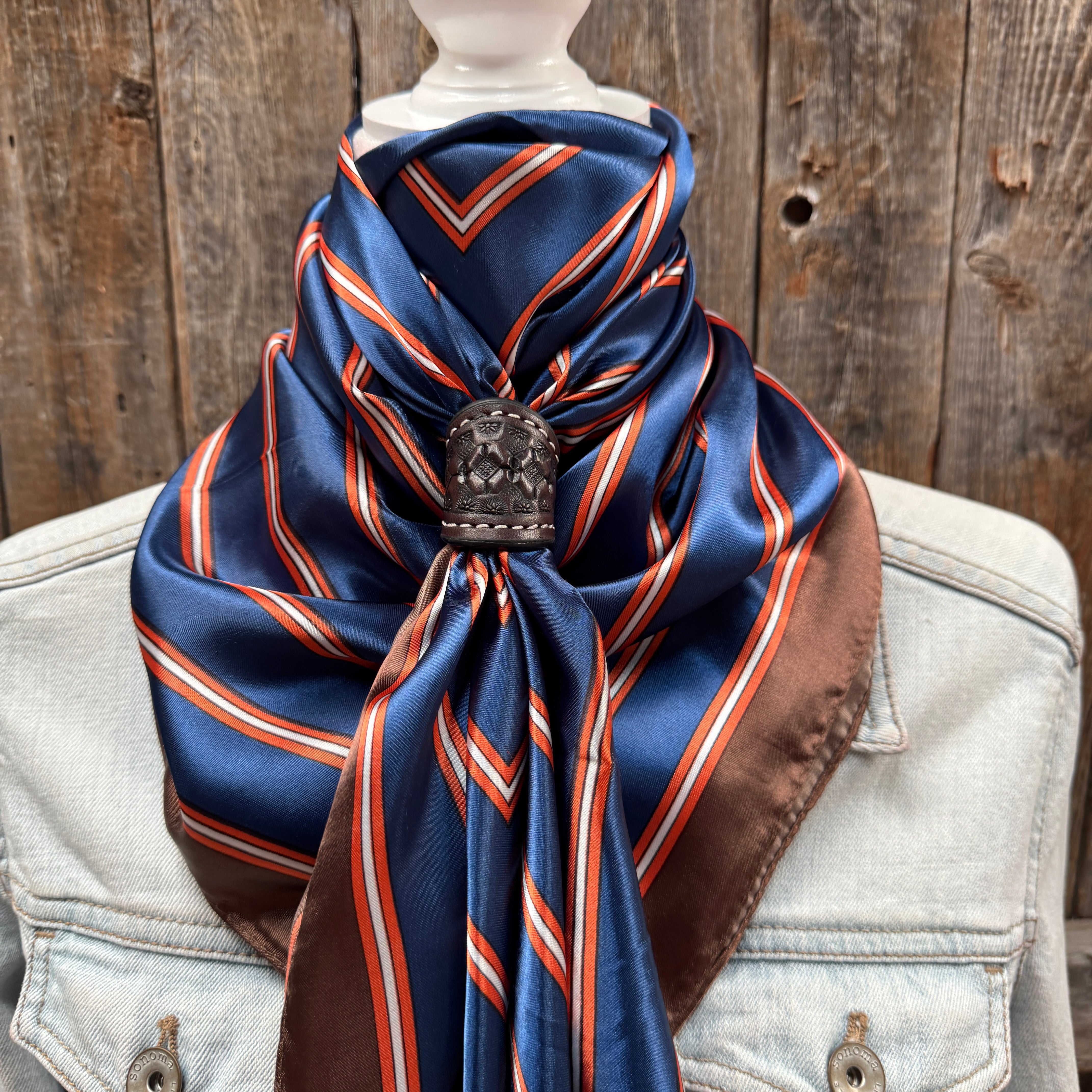 35X35" Orange and Blue Stripes Wild Rag / Scarf WR547X - Tooled Leather Wild Rag Slides - Assorted
