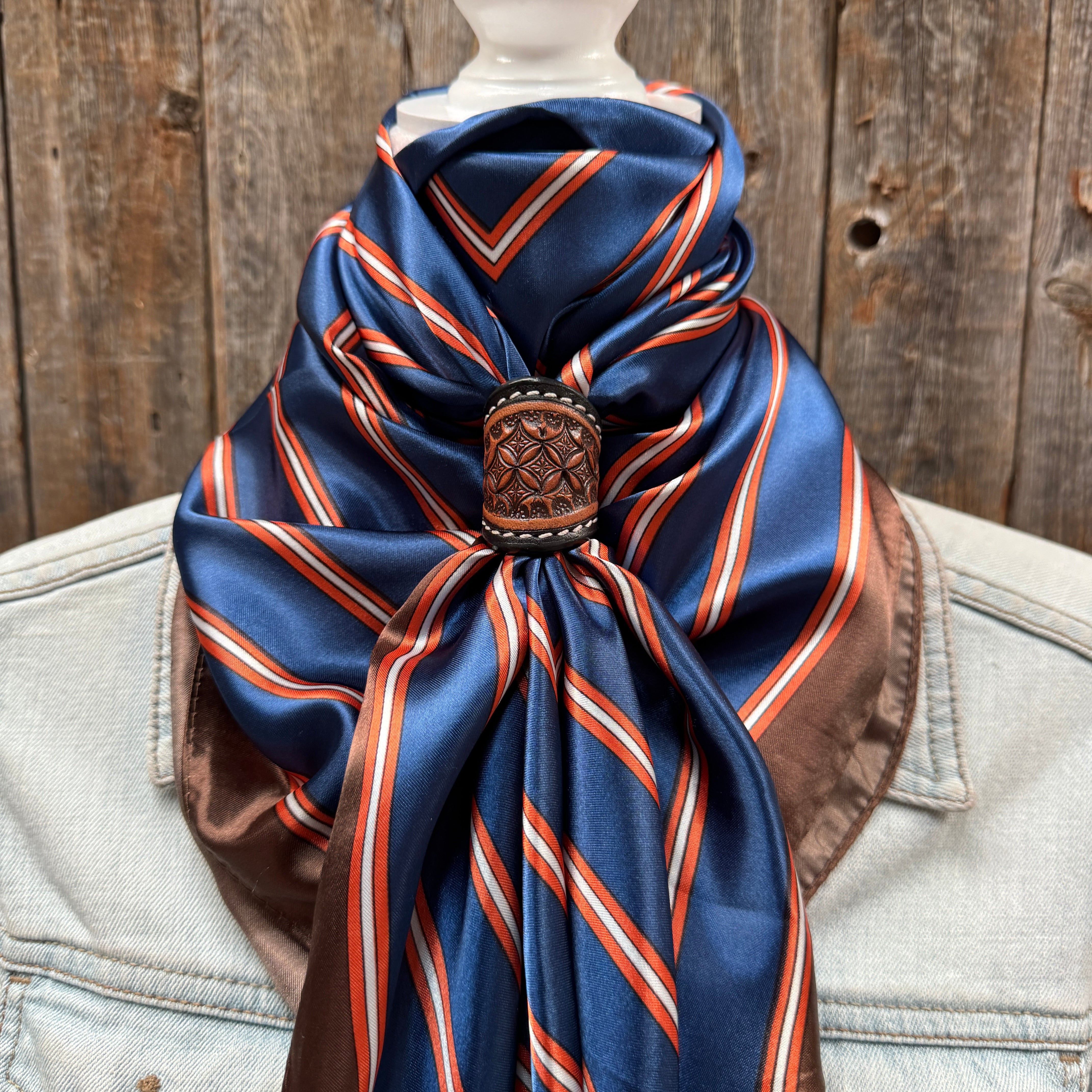 35X35" Orange and Blue Stripes Wild Rag / Scarf WR547X - Tooled Leather Wild Rag Slides - Assorted