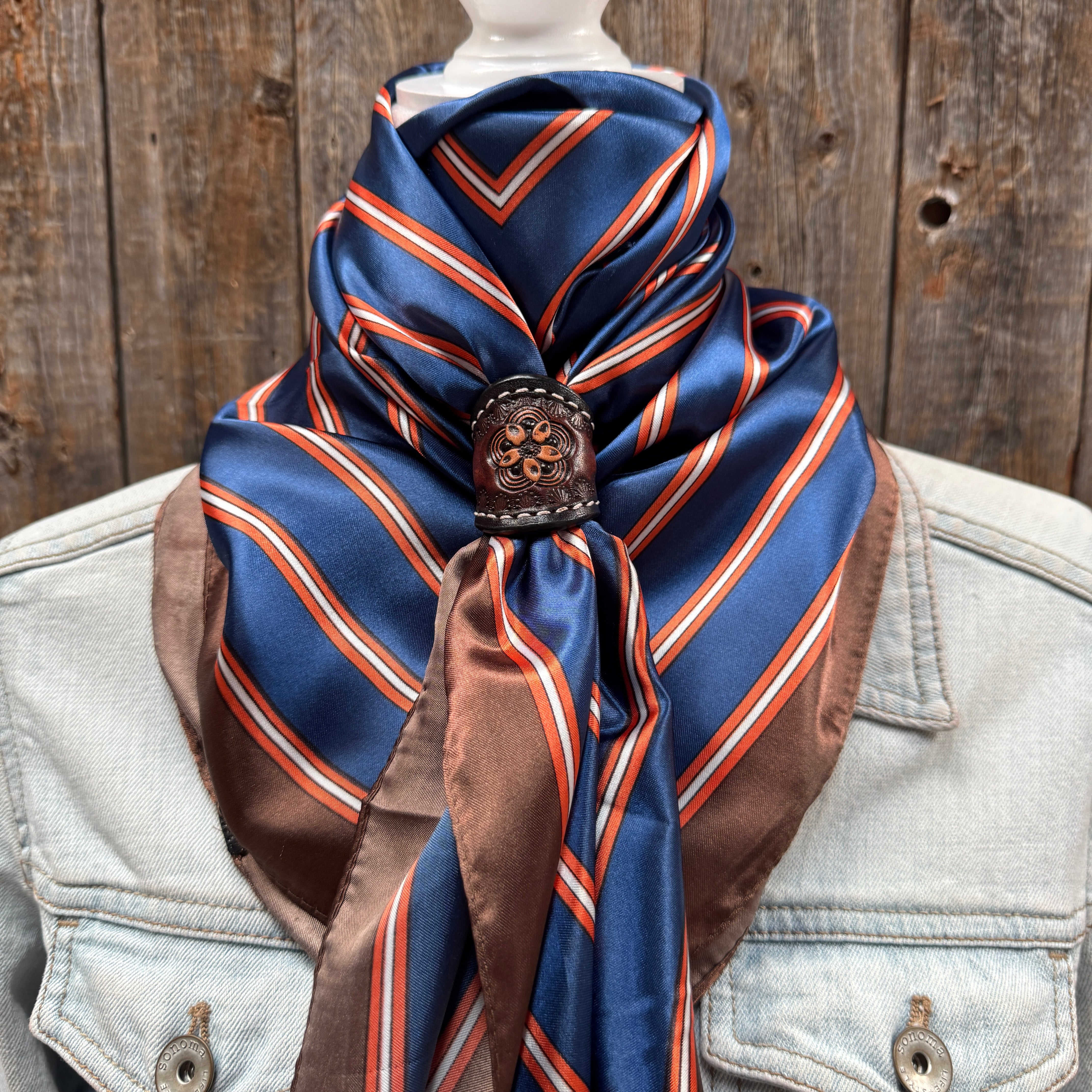 35X35" Orange and Blue Stripes Wild Rag / Scarf WR547X - Tooled Leather Wild Rag Slides - Assorted
