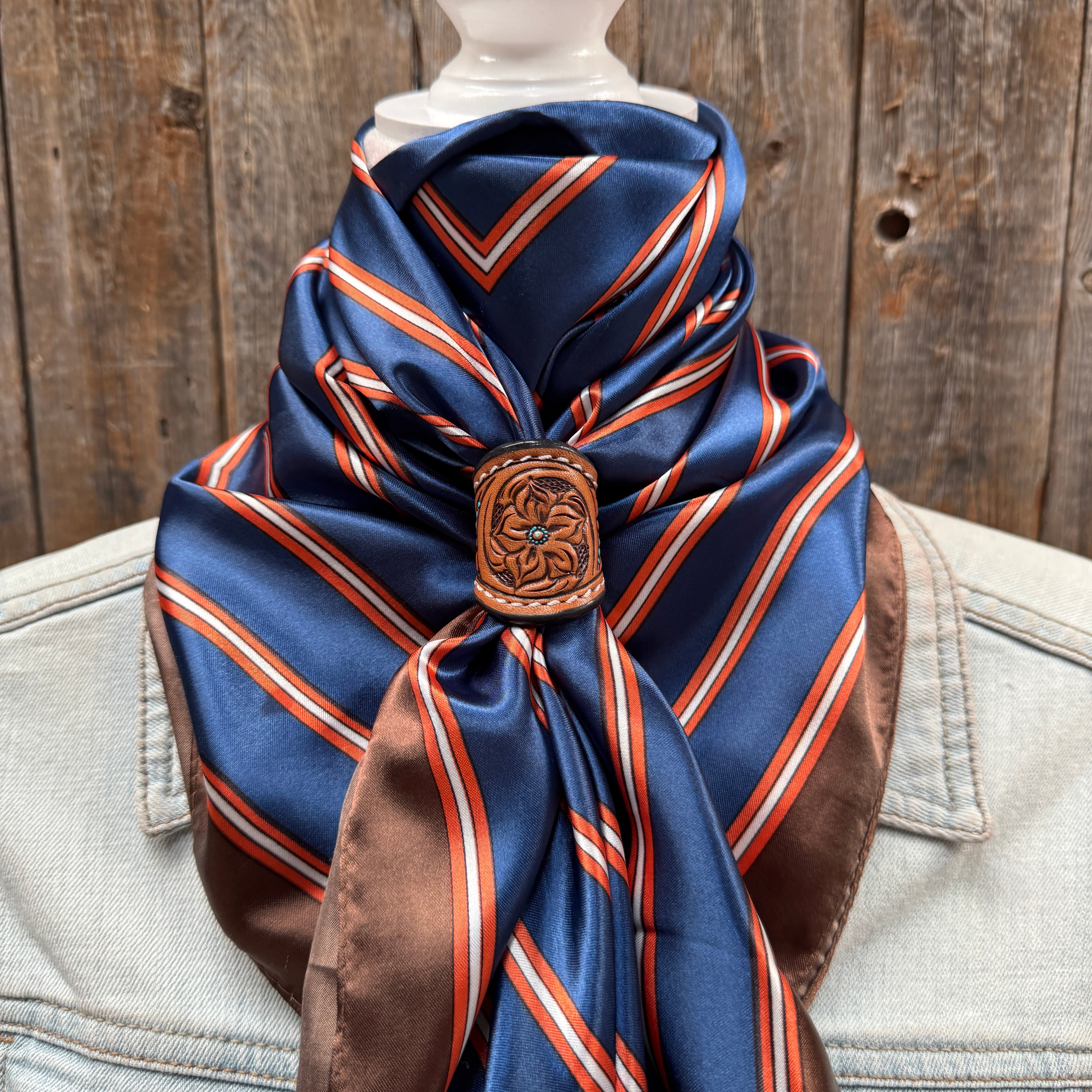 35X35" Orange and Blue Stripes Wild Rag / Scarf WR547X - Tooled Leather Wild Rag Slides - Assorted