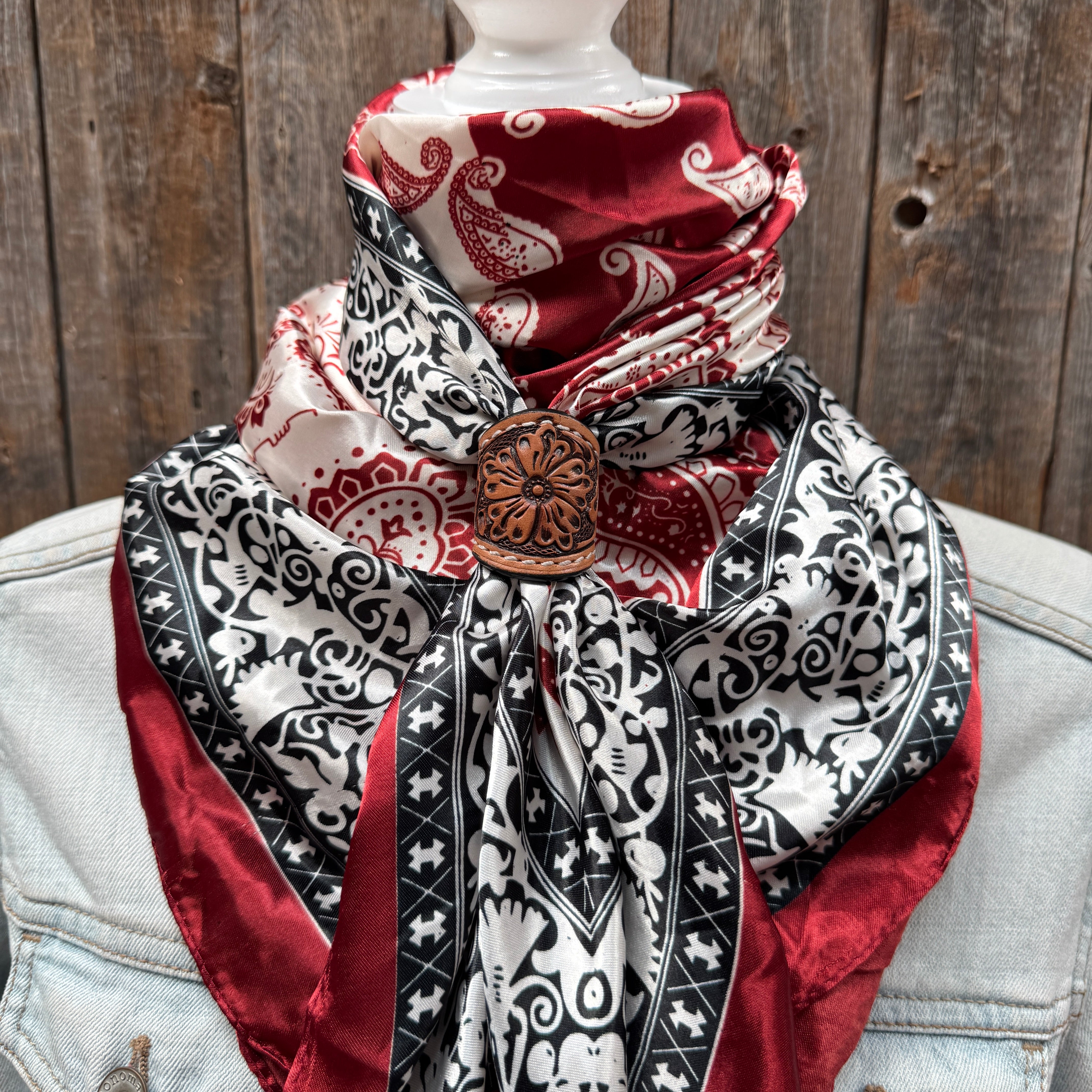 35X35" Wine Red/Cream Paisley Wild Rag / Scarf WR687 - Tooled Leather Wild Rag Slides - Assorted