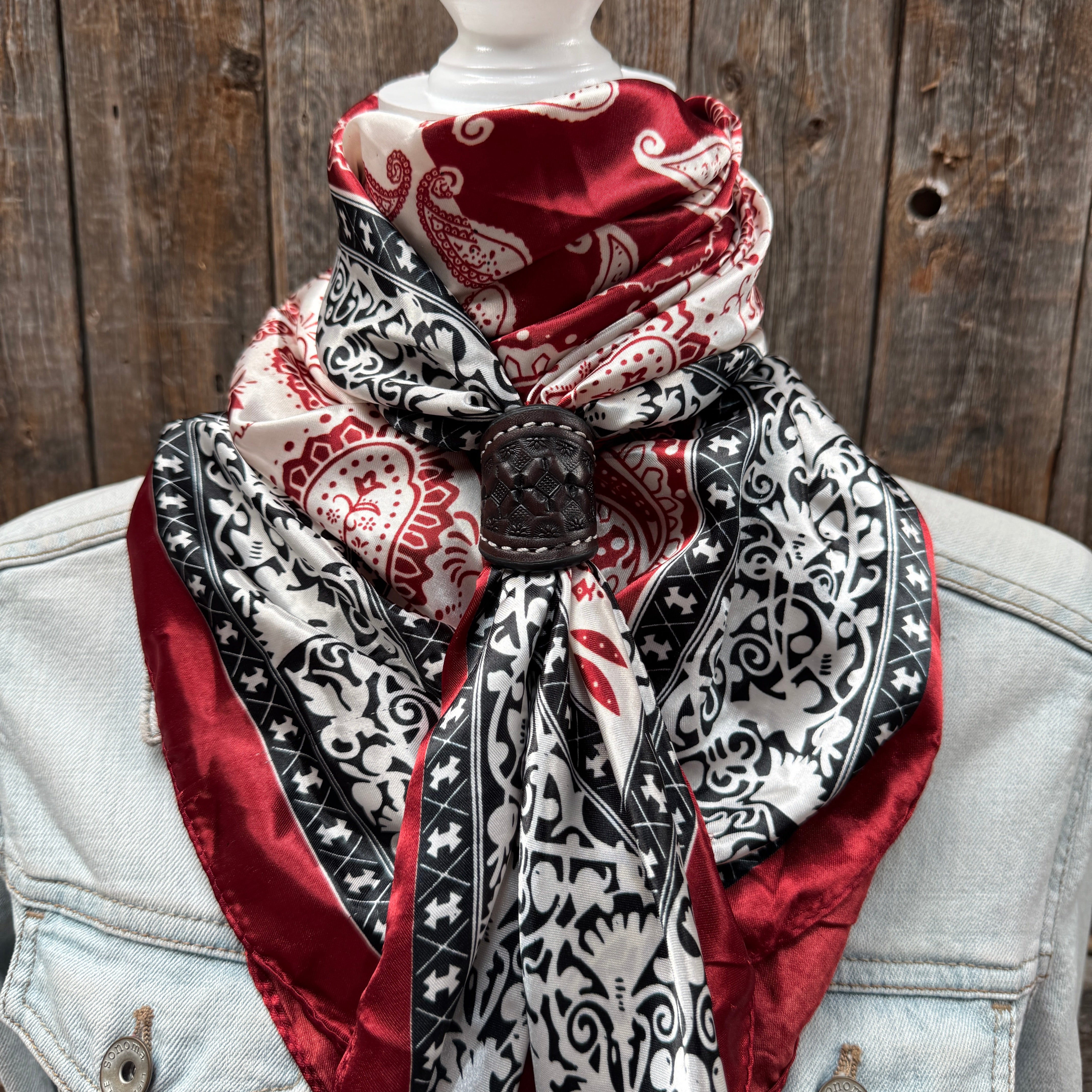 35X35" Wine Red/Cream Paisley Wild Rag / Scarf WR687 - Tooled Leather Wild Rag Slides - Assorted