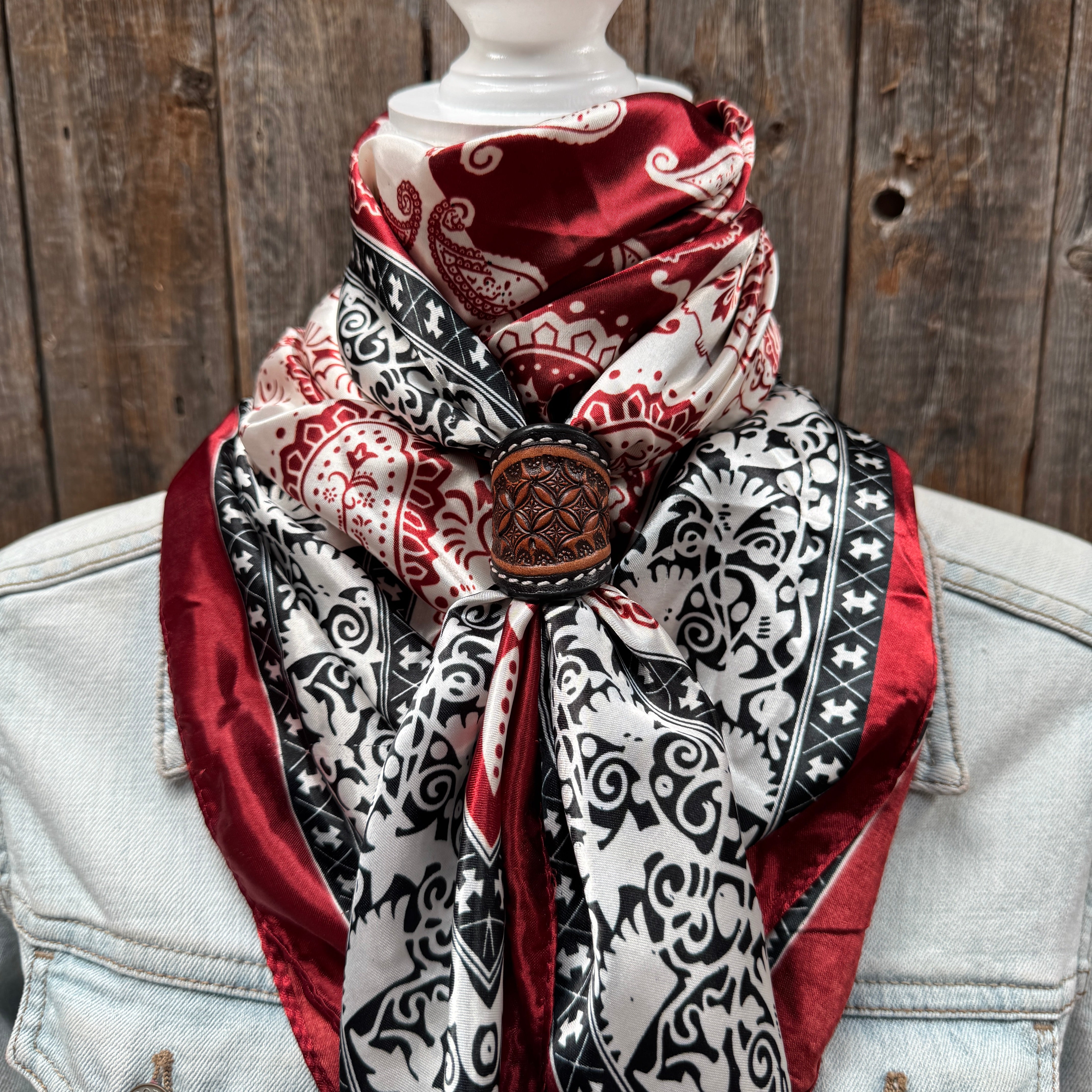 35X35" Wine Red/Cream Paisley Wild Rag / Scarf WR687 - Tooled Leather Wild Rag Slides - Assorted