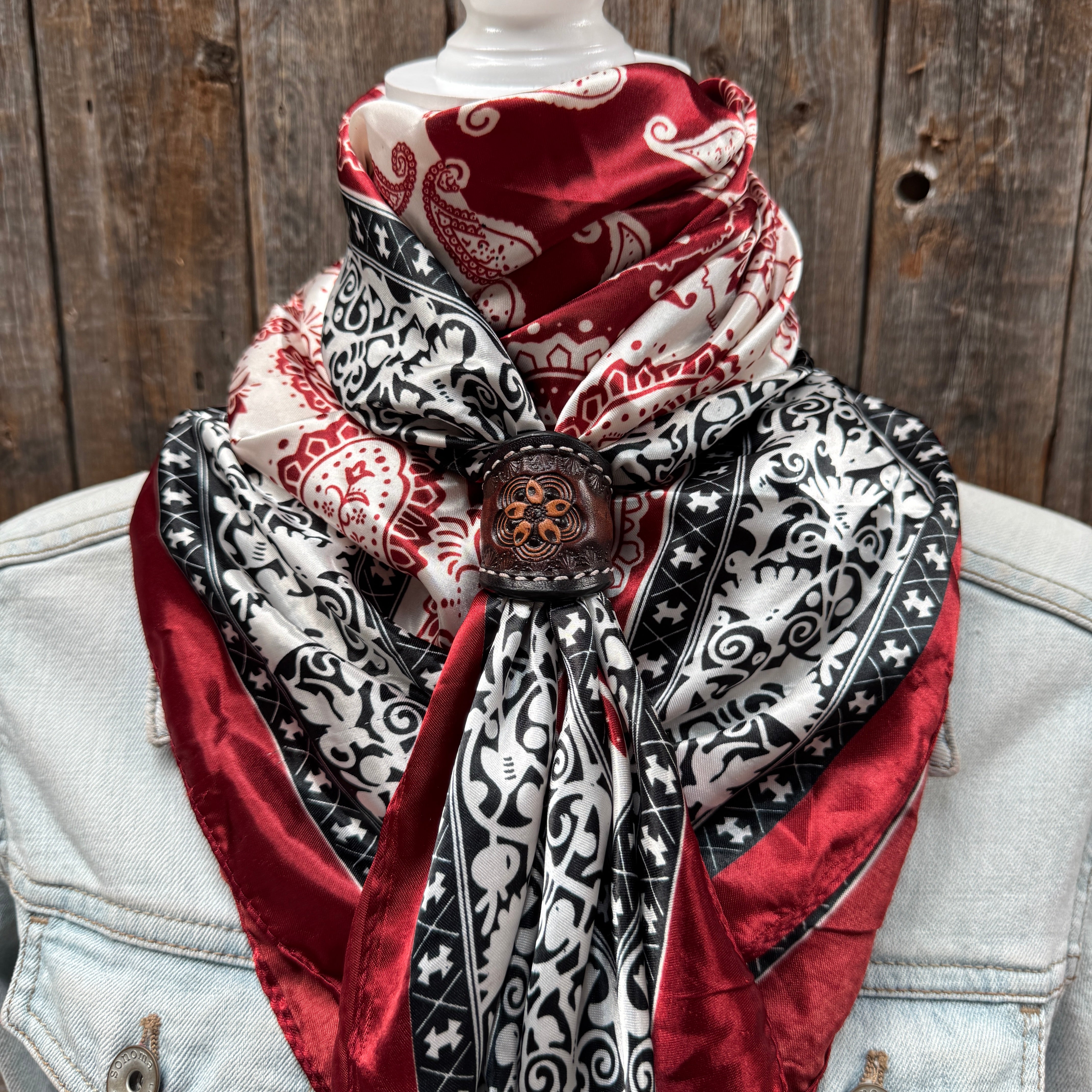 35X35" Wine Red/Cream Paisley Wild Rag / Scarf WR687 - Tooled Leather Wild Rag Slides - Assorted