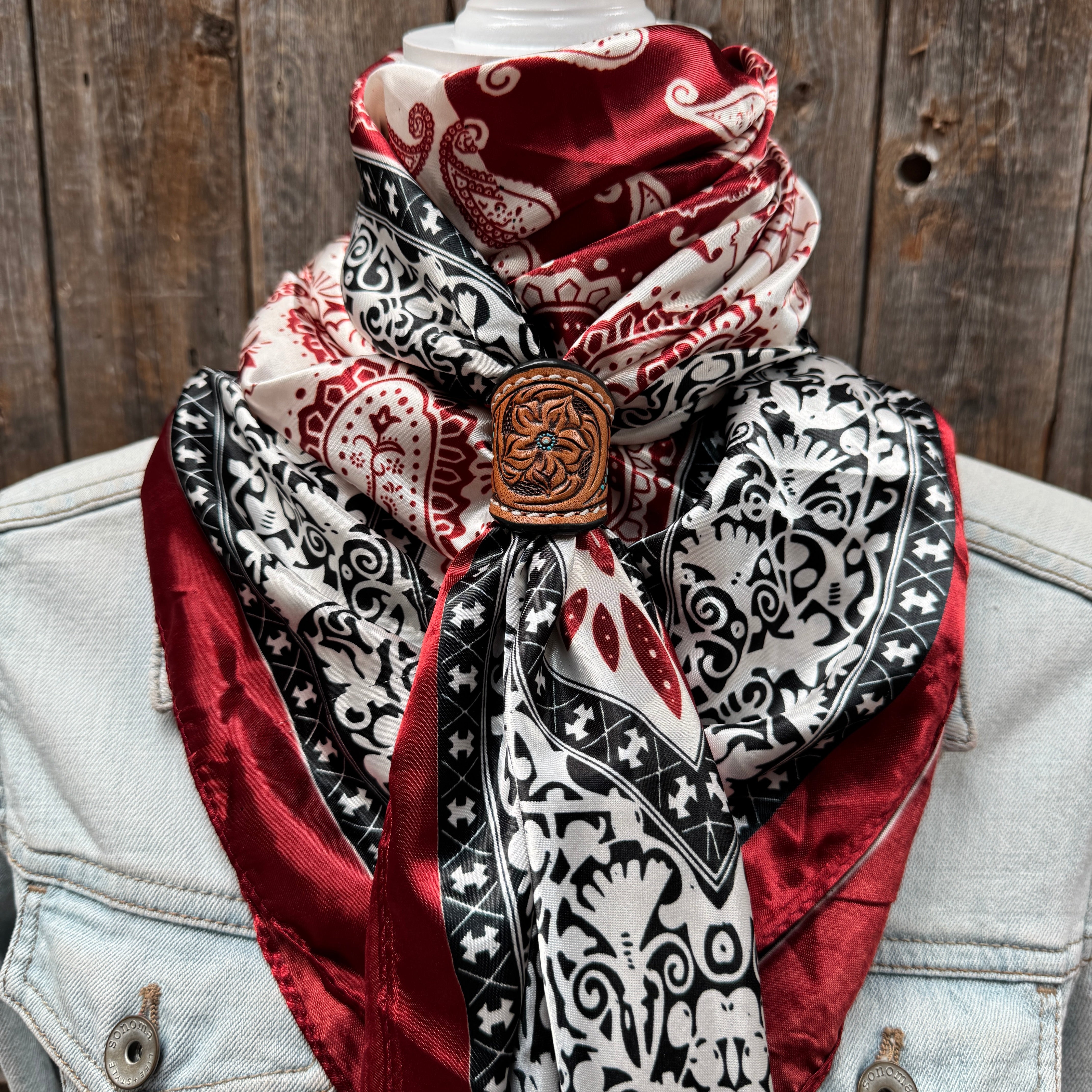 35X35" Wine Red/Cream Paisley Wild Rag / Scarf WR687 - Tooled Leather Wild Rag Slides - Assorted