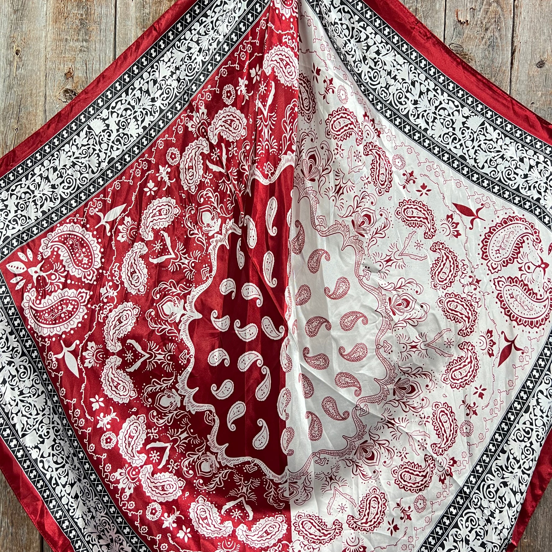 35X35" Wine Red/Cream Paisley Wild Rag / Scarf WR687 - Tooled Leather Wild Rag Slides - Assorted