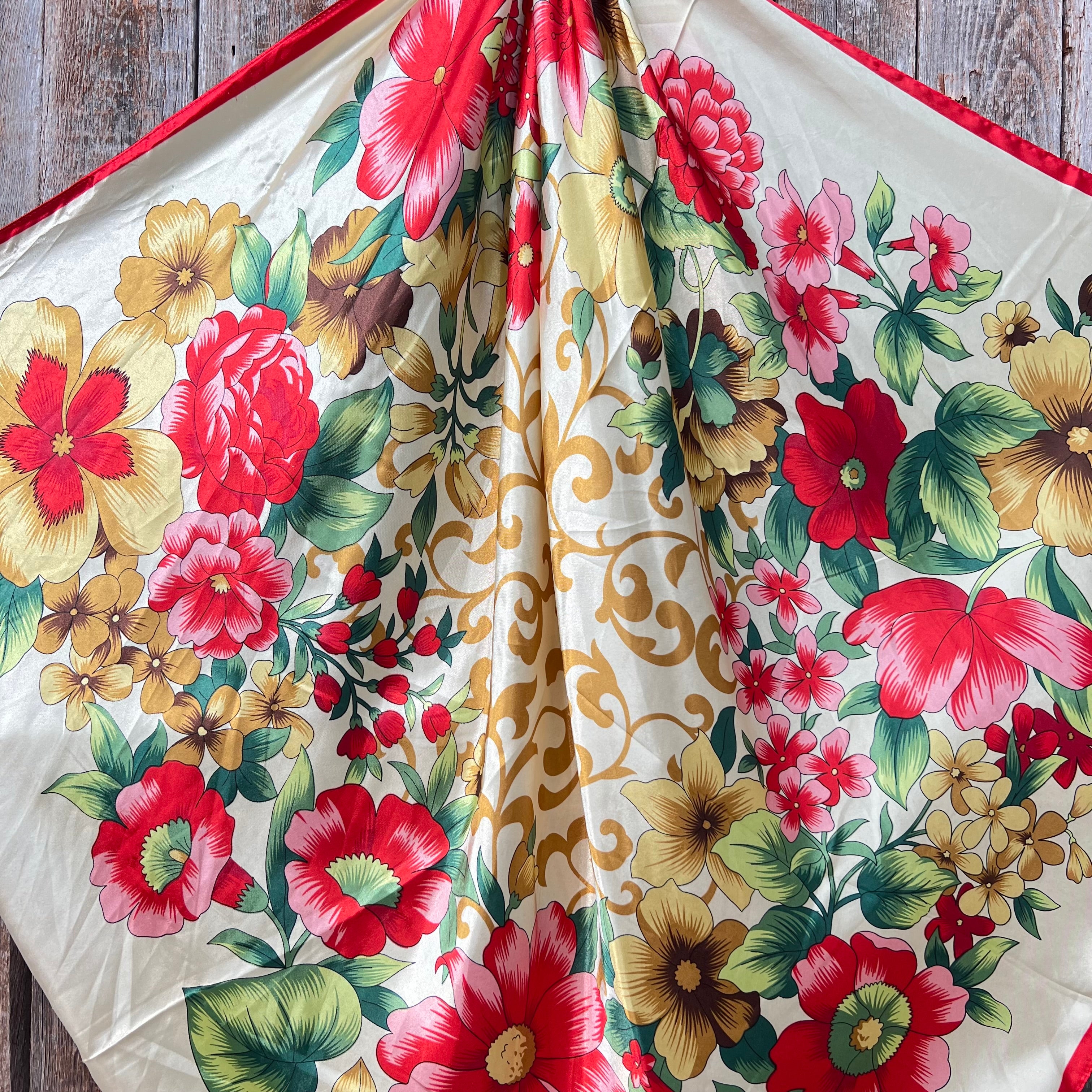 35X35"  Red Green & Gold Floral Wild Rag / Scarf WR832