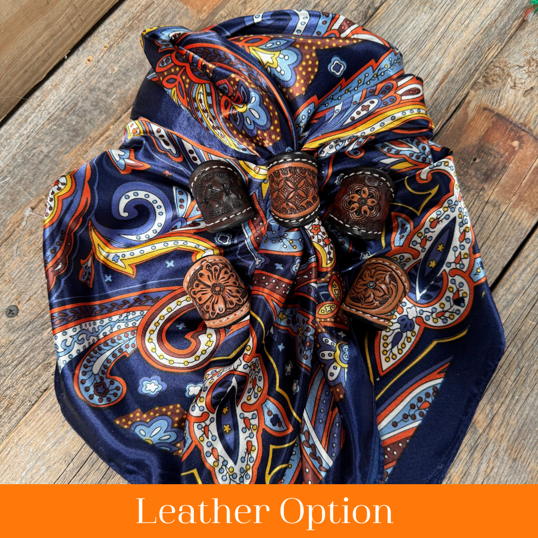 35X35" Blue Hippie Paisley Wild Rag / Scarf WR906 - Tooled Leather Wild Rag Slides - Assorted
