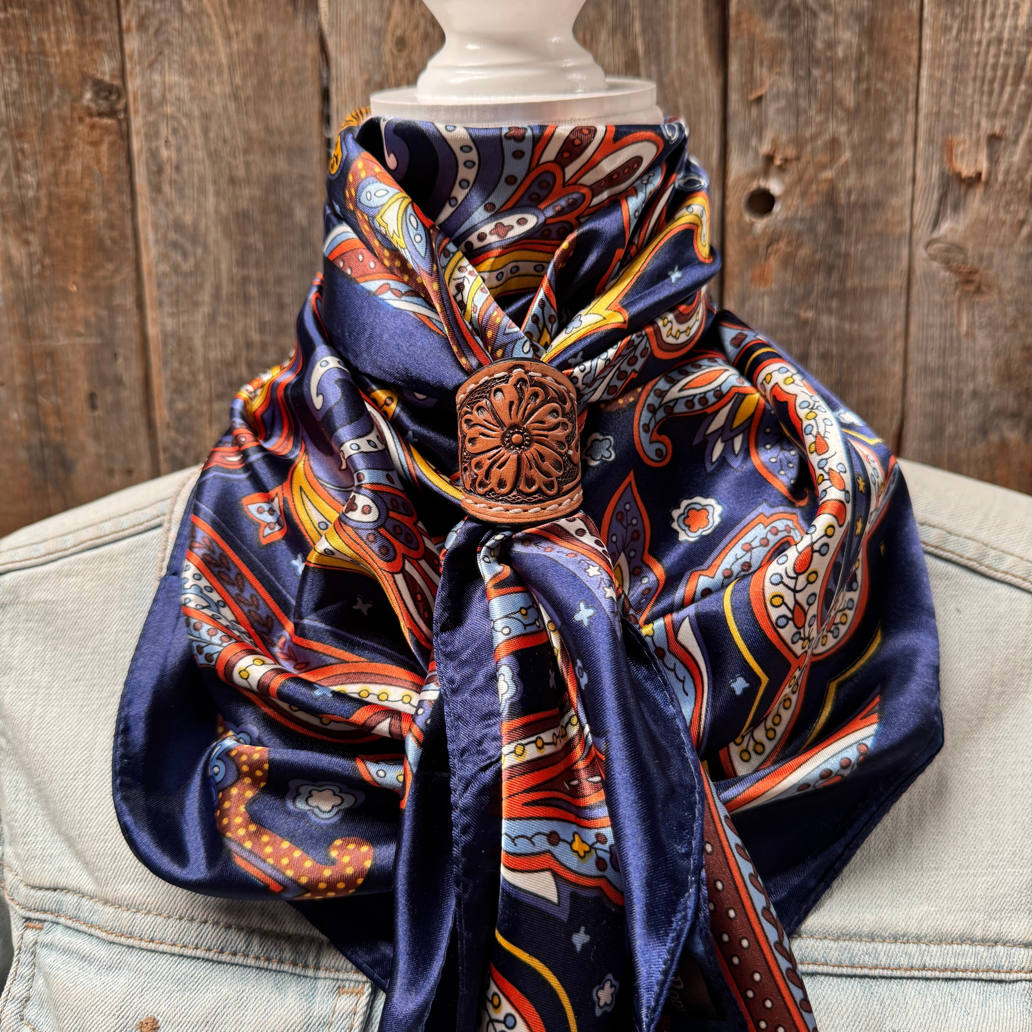 35X35" Blue Hippie Paisley Wild Rag / Scarf WR906 - Tooled Leather Wild Rag Slides - Assorted