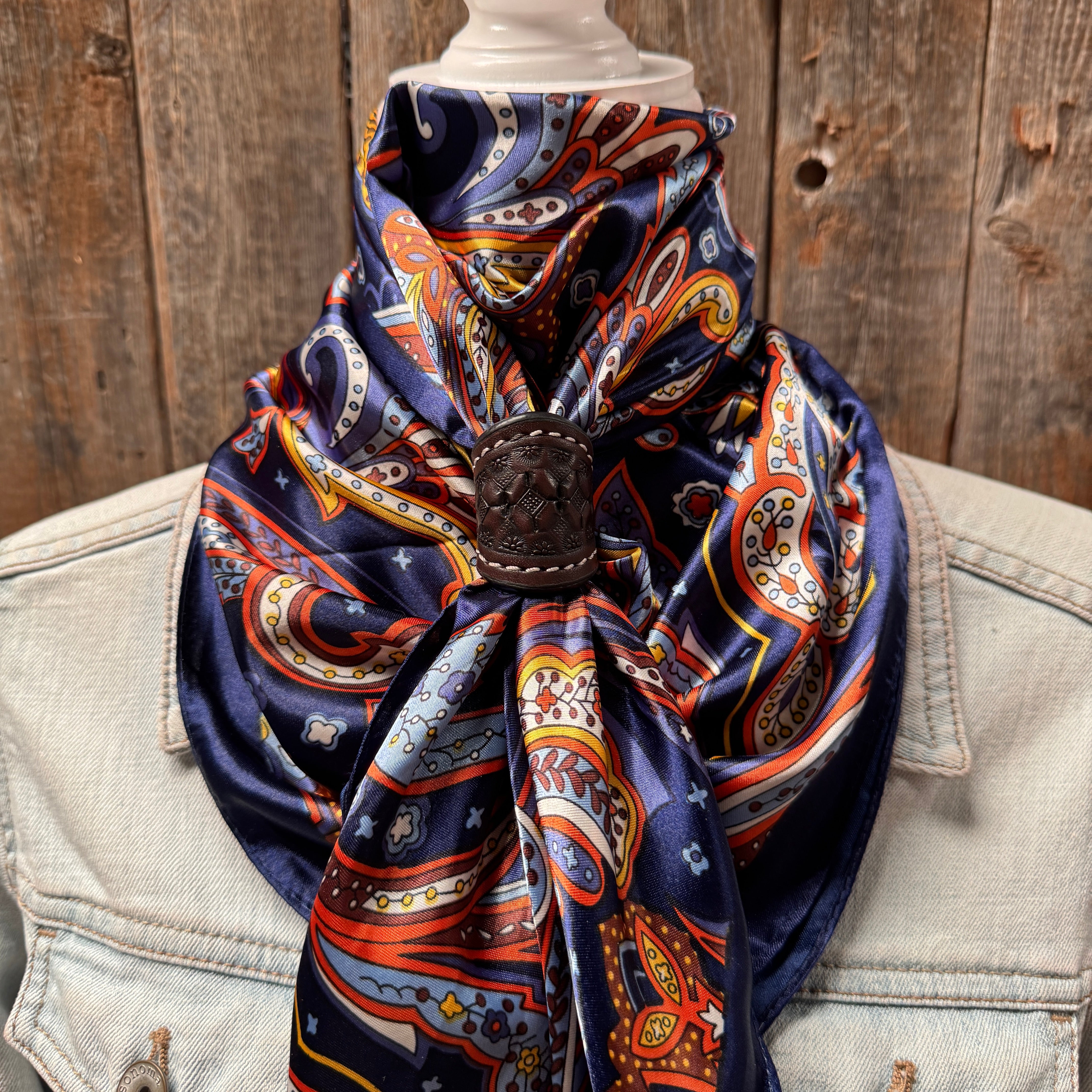 35X35" Blue Hippie Paisley Wild Rag / Scarf WR906 - Tooled Leather Wild Rag Slides - Assorted