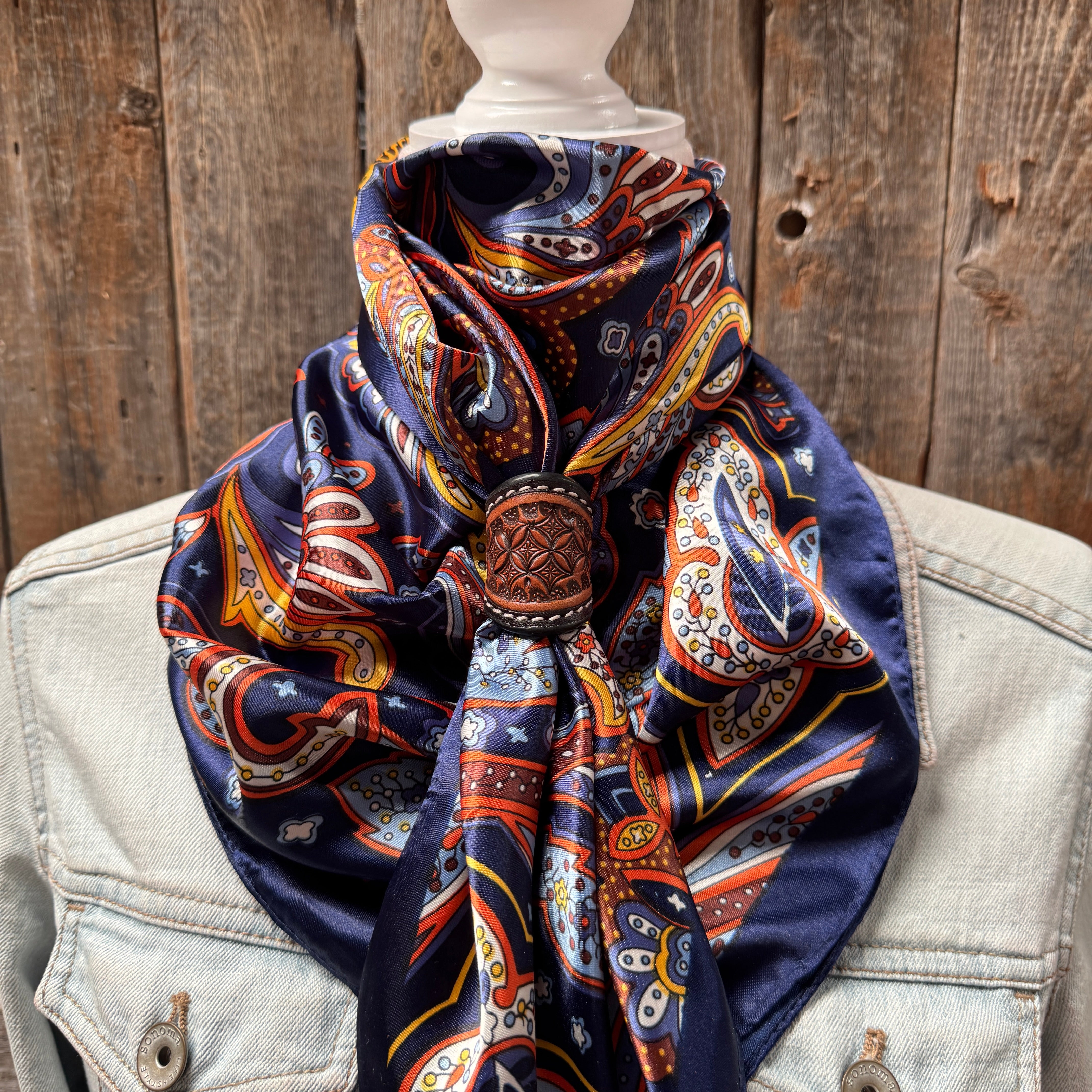 35X35" Blue Hippie Paisley Wild Rag / Scarf WR906 - Tooled Leather Wild Rag Slides - Assorted