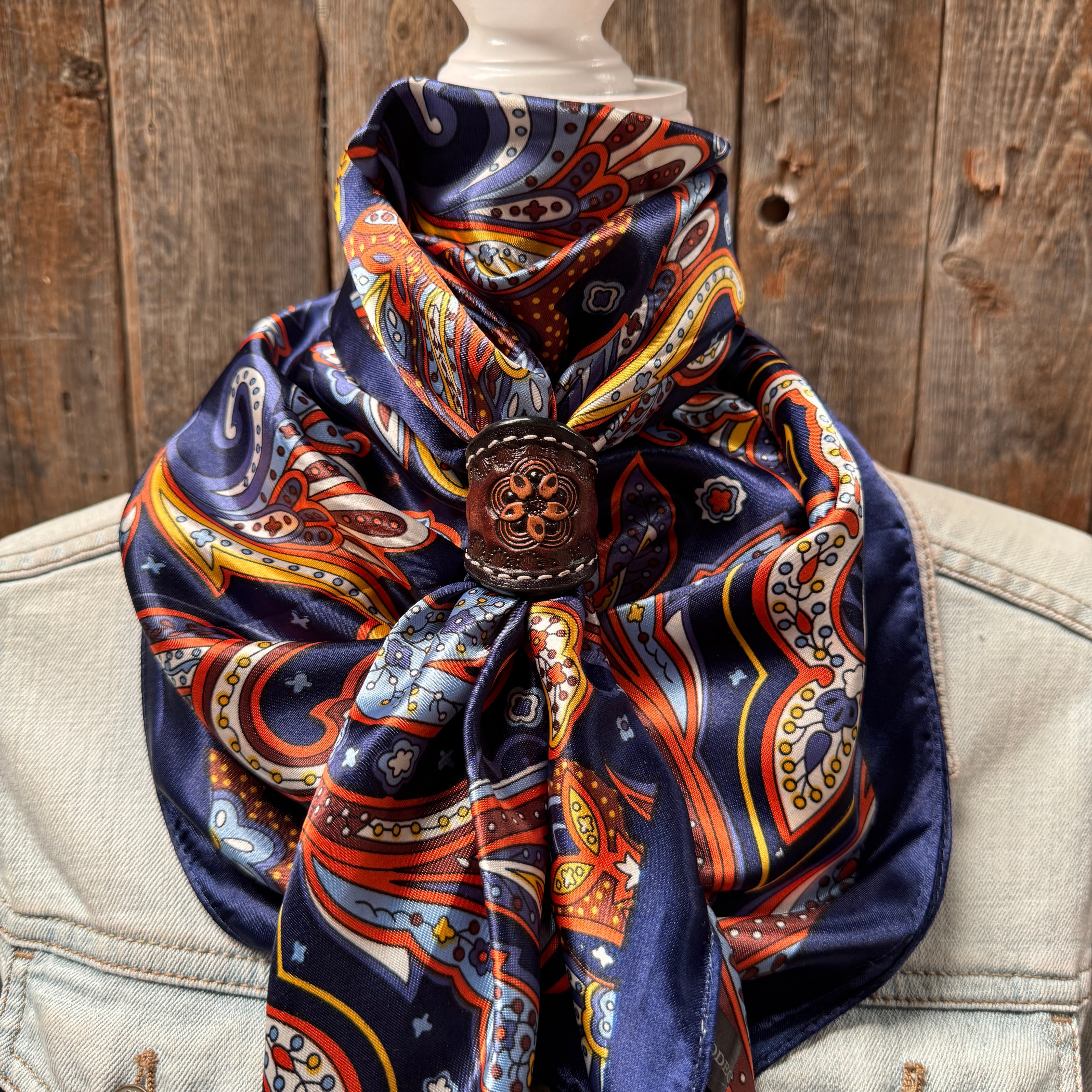 35X35" Blue Hippie Paisley Wild Rag / Scarf WR906 - Tooled Leather Wild Rag Slides - Assorted