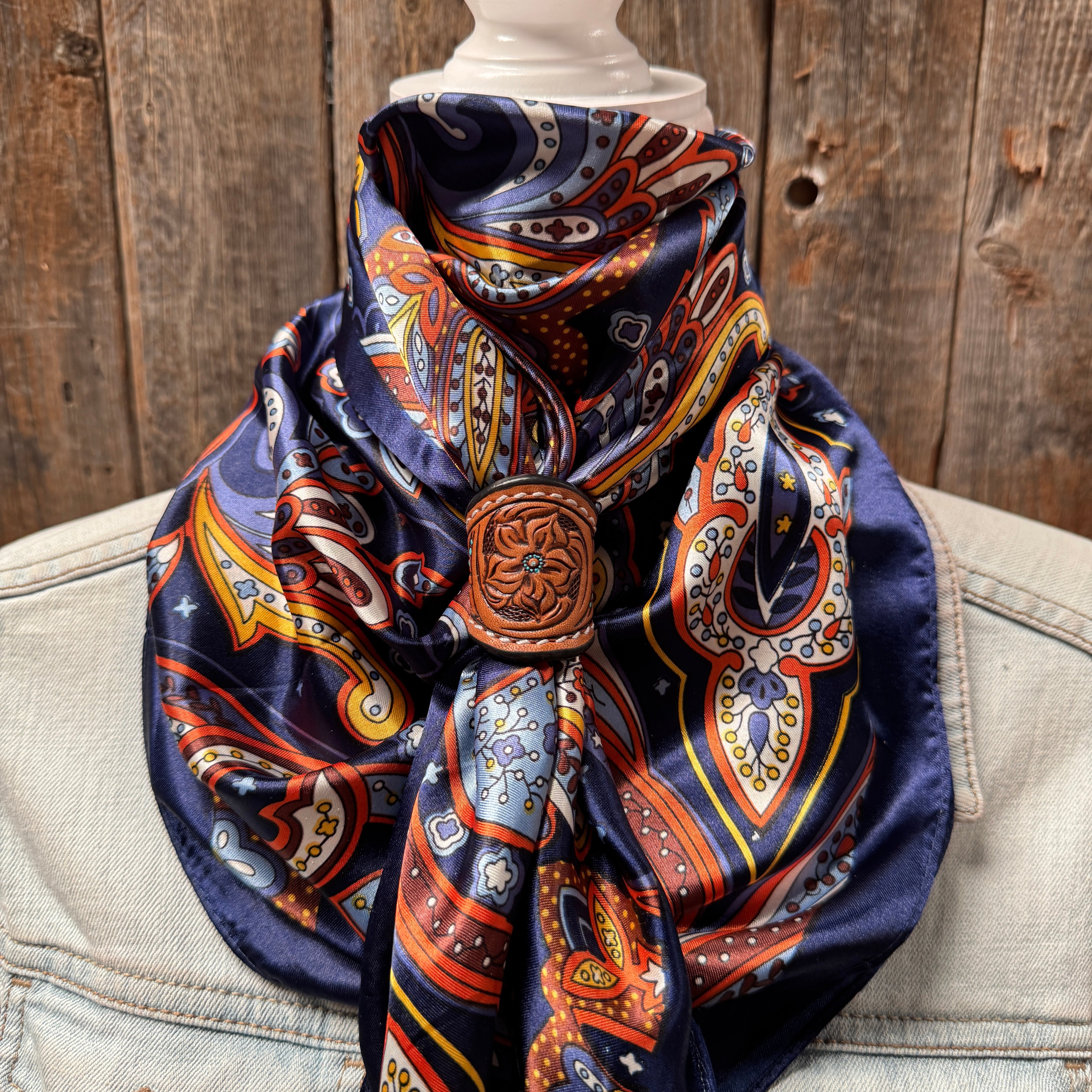 35X35" Blue Hippie Paisley Wild Rag / Scarf WR906 - Tooled Leather Wild Rag Slides - Assorted