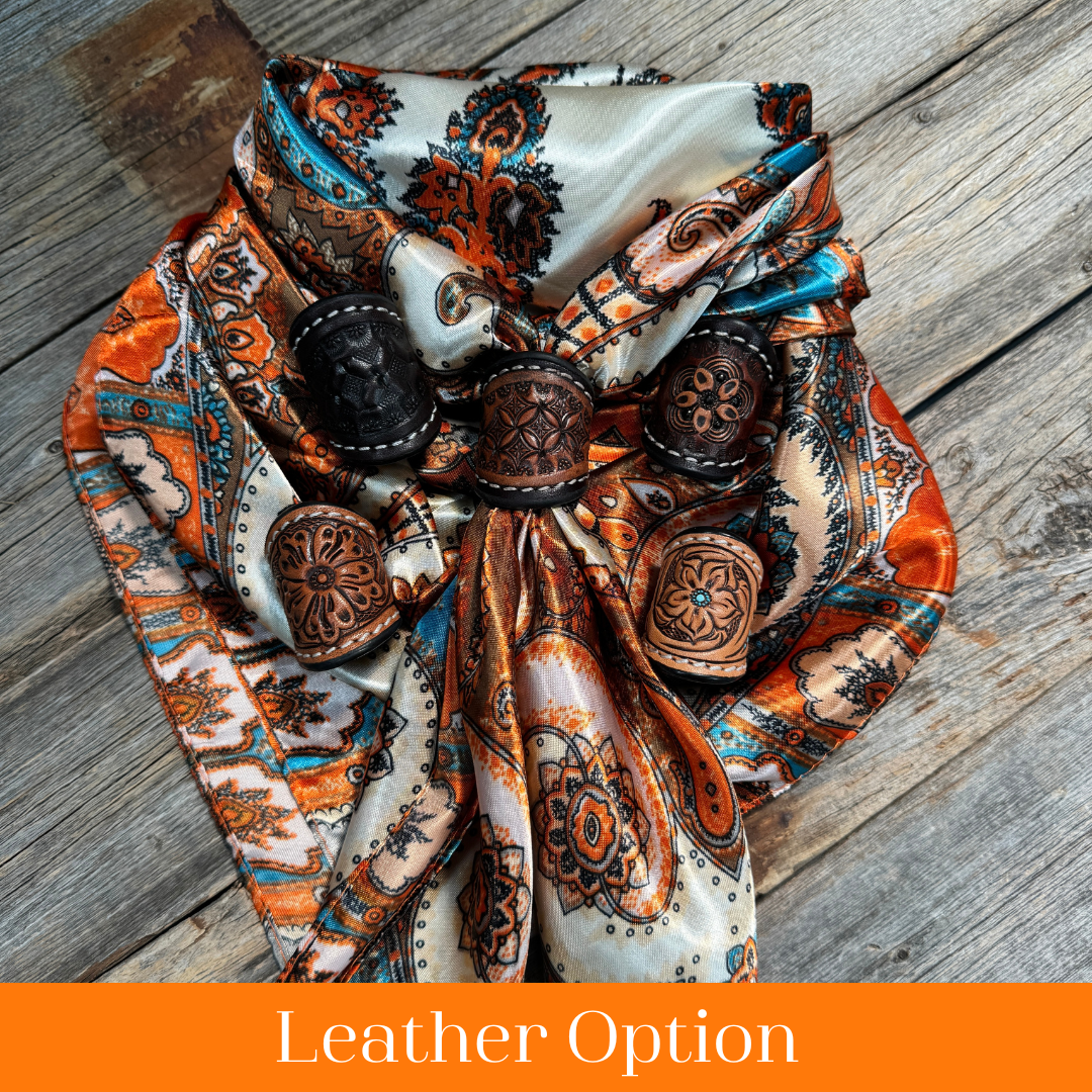35X35" Tan & Cream Paisley Wild Rag / Scarf WR907 - Tooled Leather Wild Rag Slides - Assorted