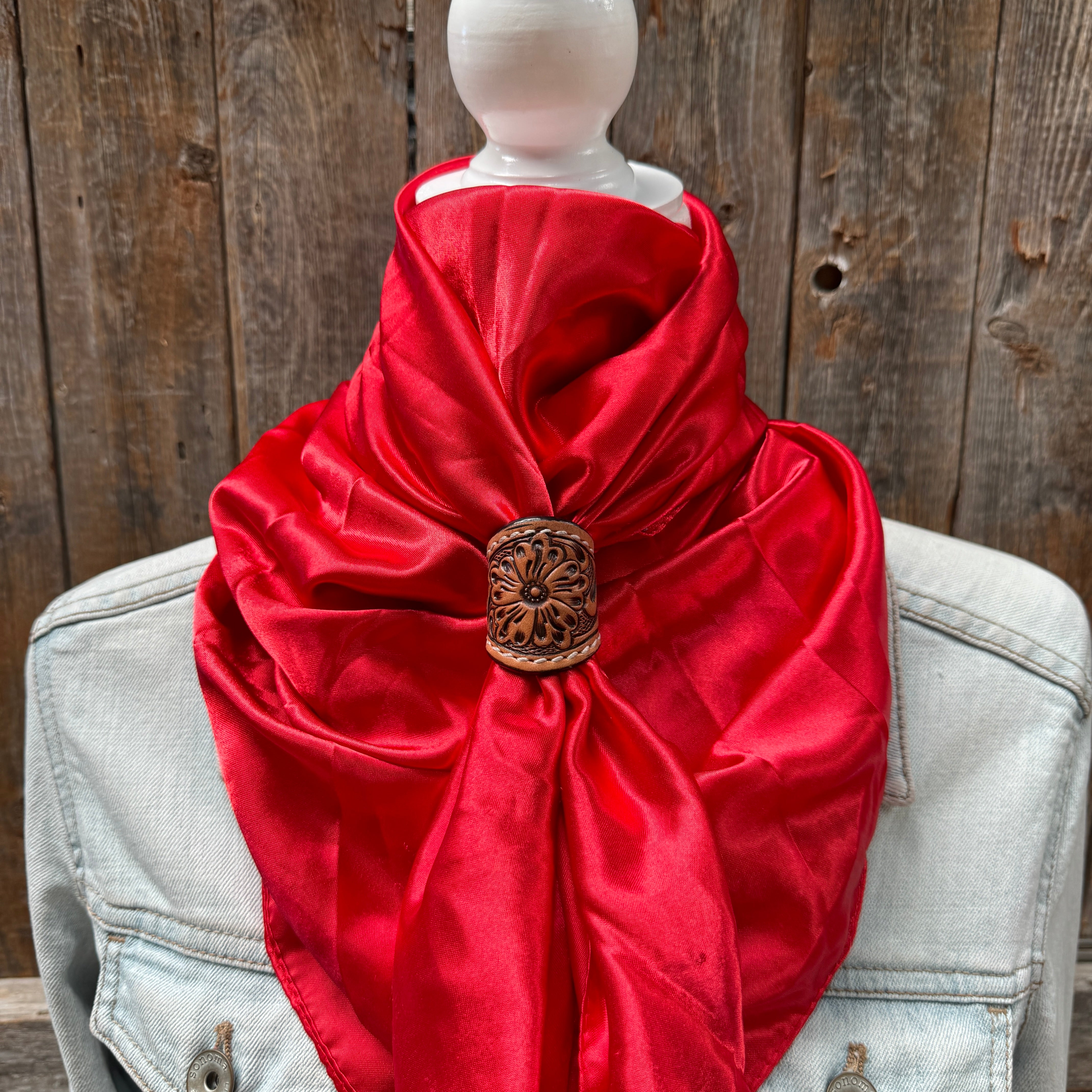 35X35" Solid Electric Red Wild Rag / Scarf WRS10 - Tooled Leather Wild Rag Slides - Assorted