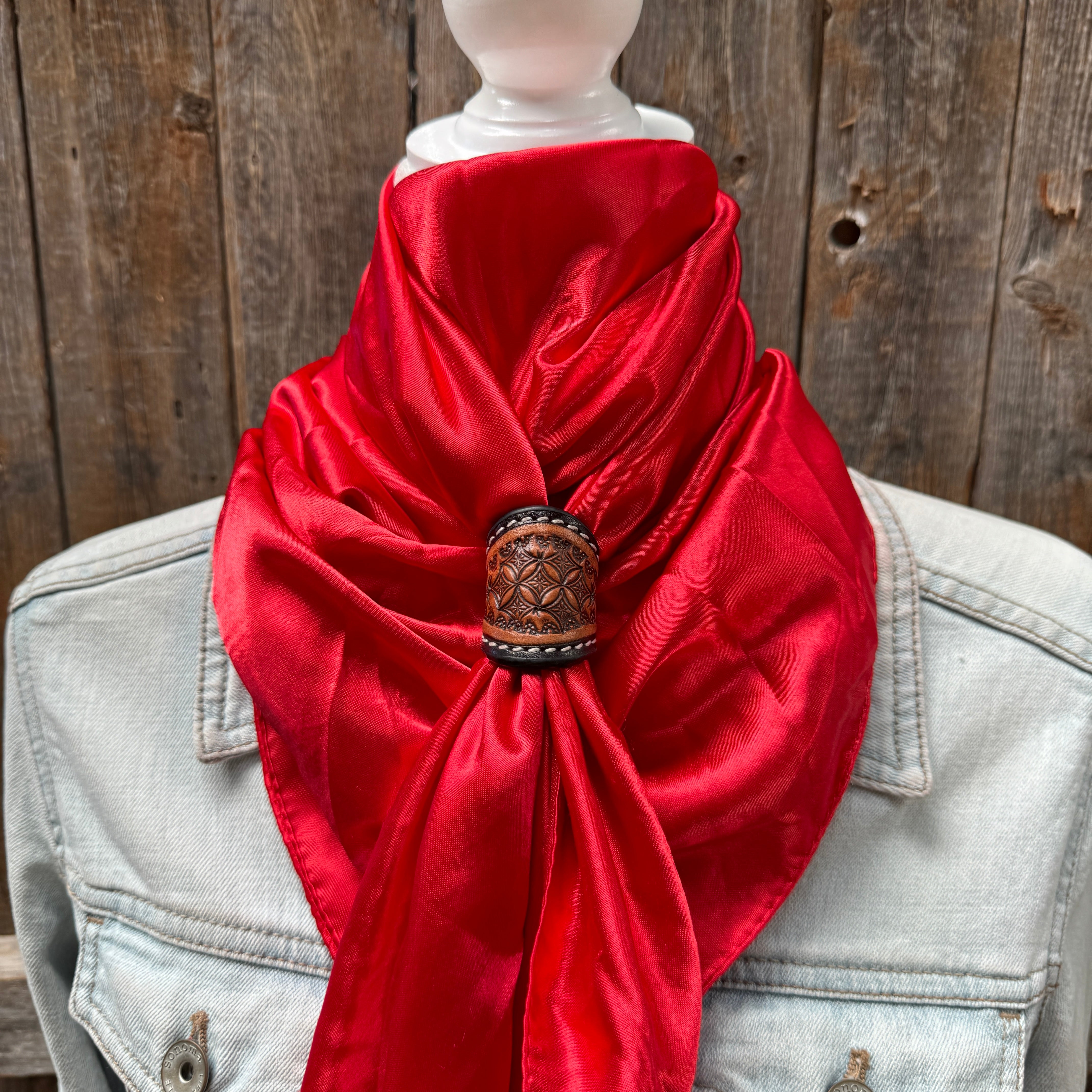 35X35" Solid Electric Red Wild Rag / Scarf WRS10 - Tooled Leather Wild Rag Slides - Assorted