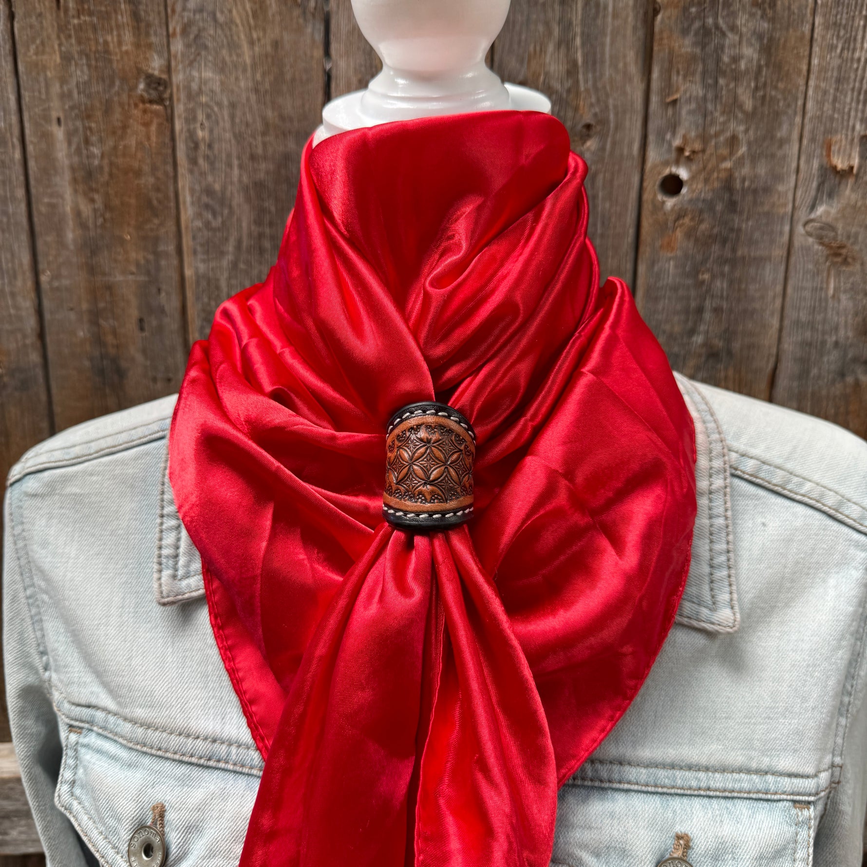 35X35" Solid Electric Red Wild Rag / Scarf WRS10 - Tooled Leather Wild Rag Slides - Assorted
