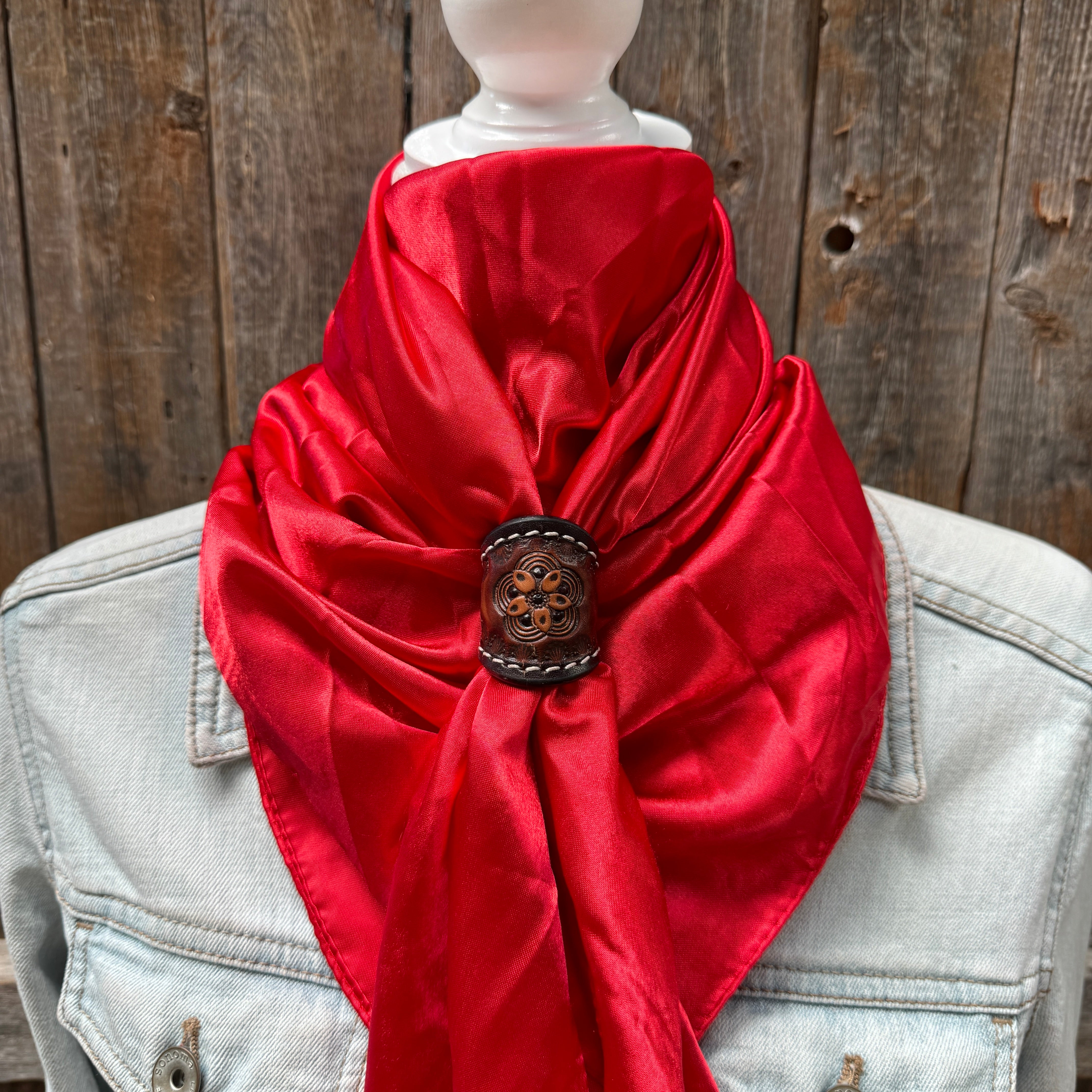 35X35" Solid Electric Red Wild Rag / Scarf WRS10 - Tooled Leather Wild Rag Slides - Assorted