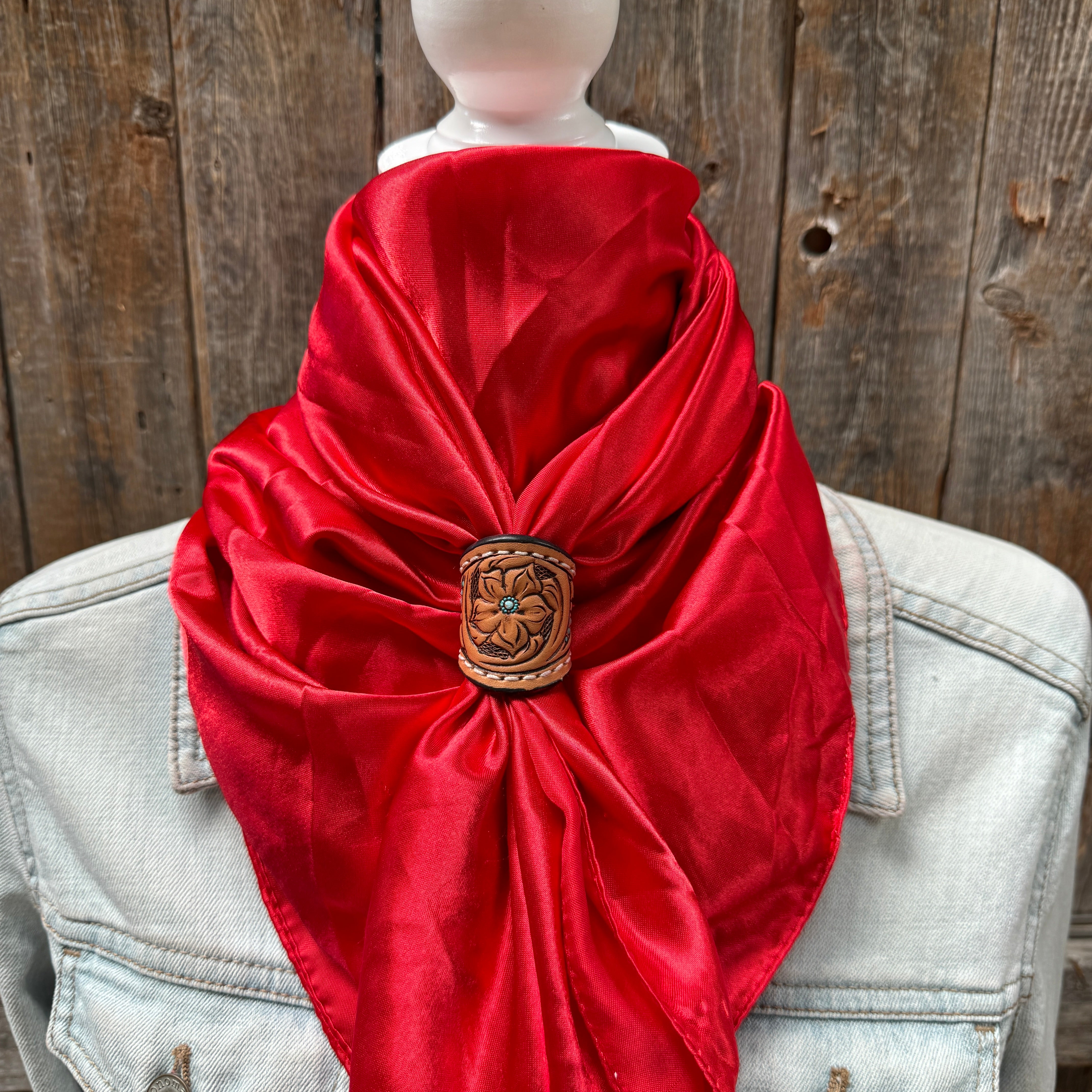 35X35" Solid Electric Red Wild Rag / Scarf WRS10 - Tooled Leather Wild Rag Slides - Assorted