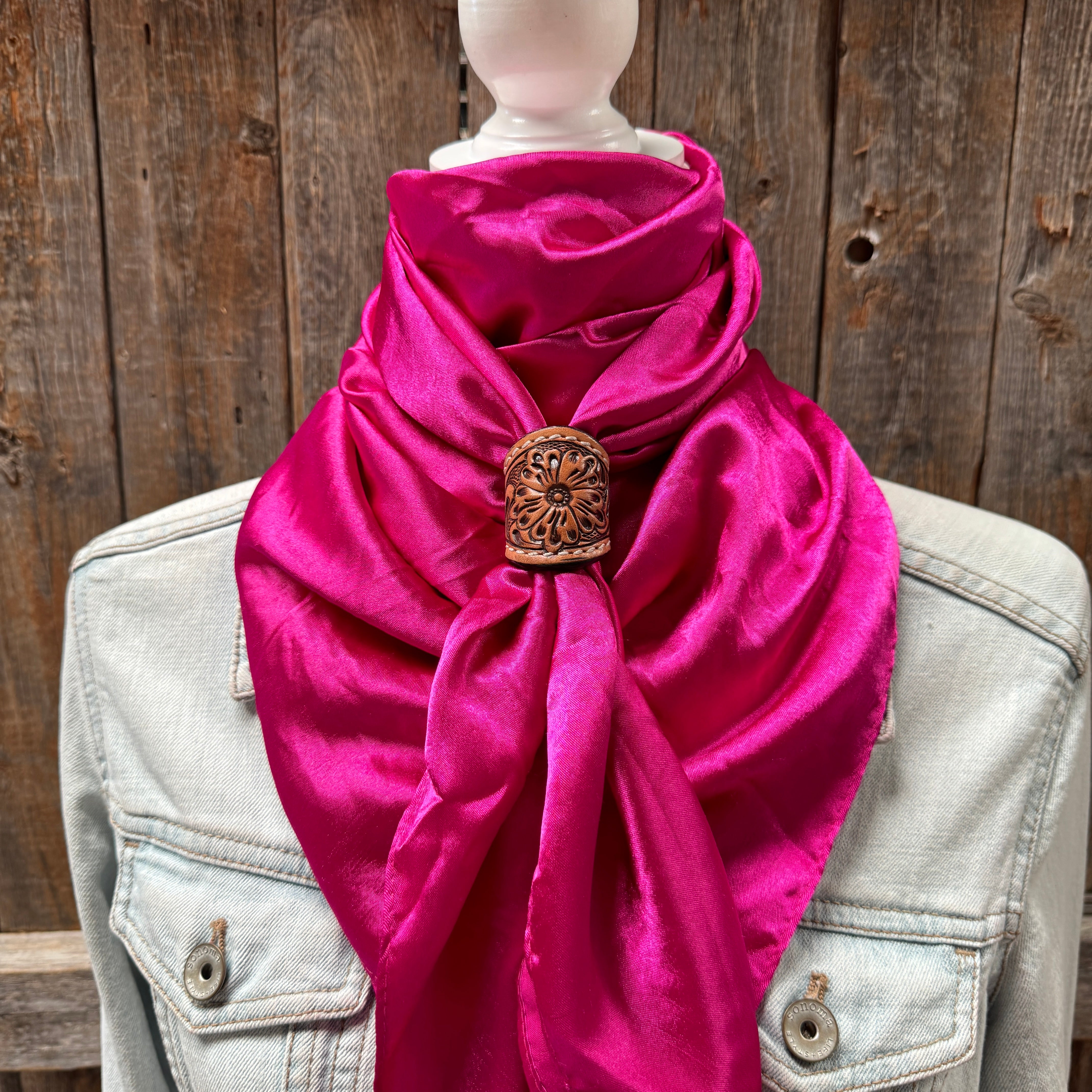 35X35" Solid Fuchsia Wild Rag / Scarf WRS12 - Tooled Leather Wild Rag Slides - Assorted