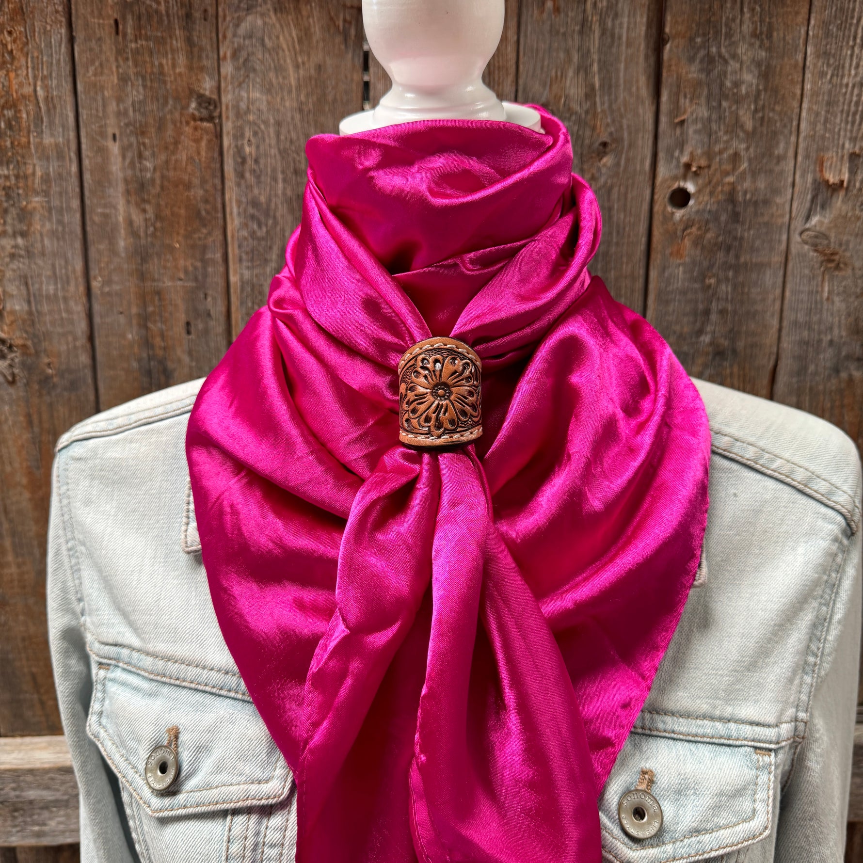 35X35" Solid Fuchsia Wild Rag / Scarf WRS12 - Tooled Leather Wild Rag Slides - Assorted