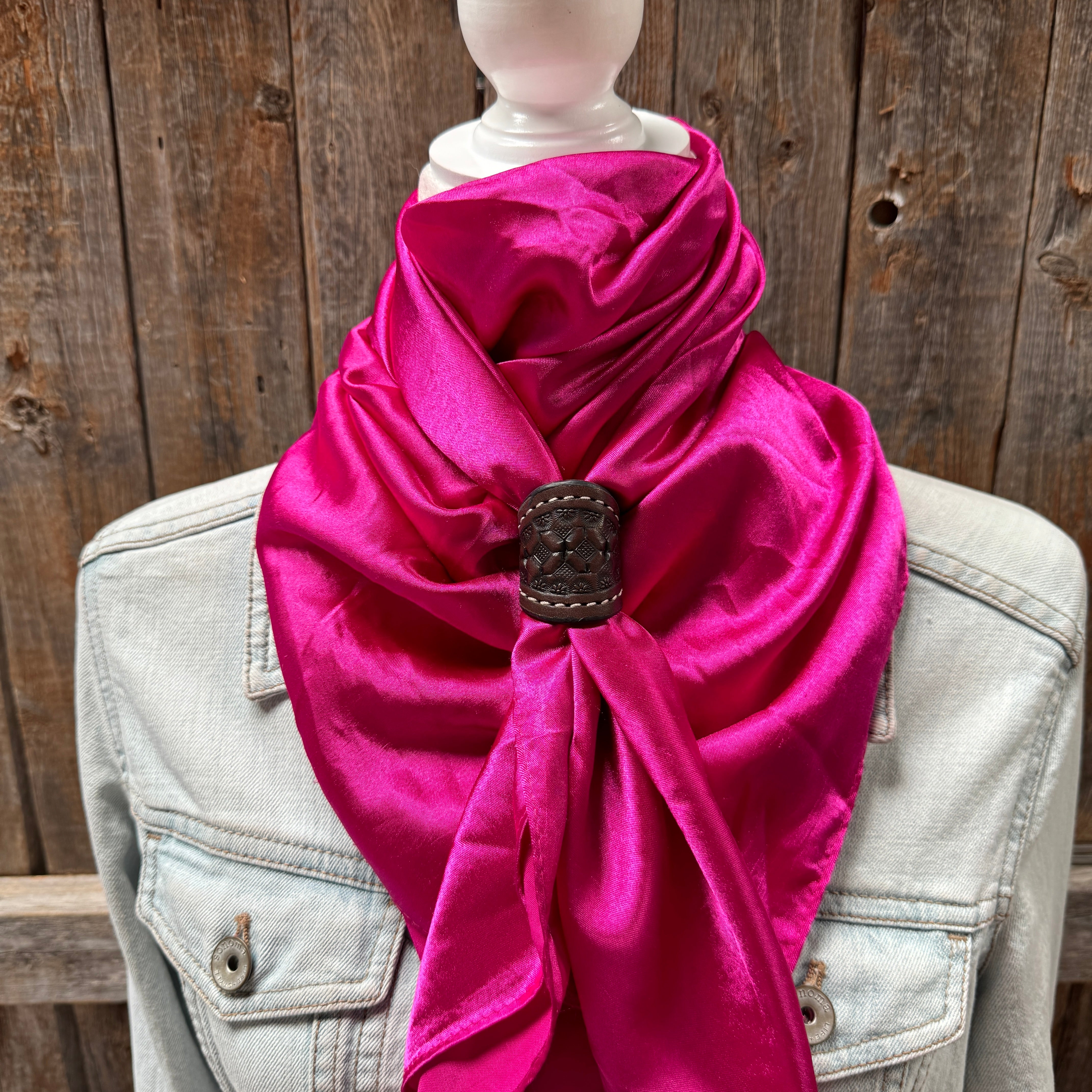 35X35" Solid Fuchsia Wild Rag / Scarf WRS12 - Tooled Leather Wild Rag Slides - Assorted