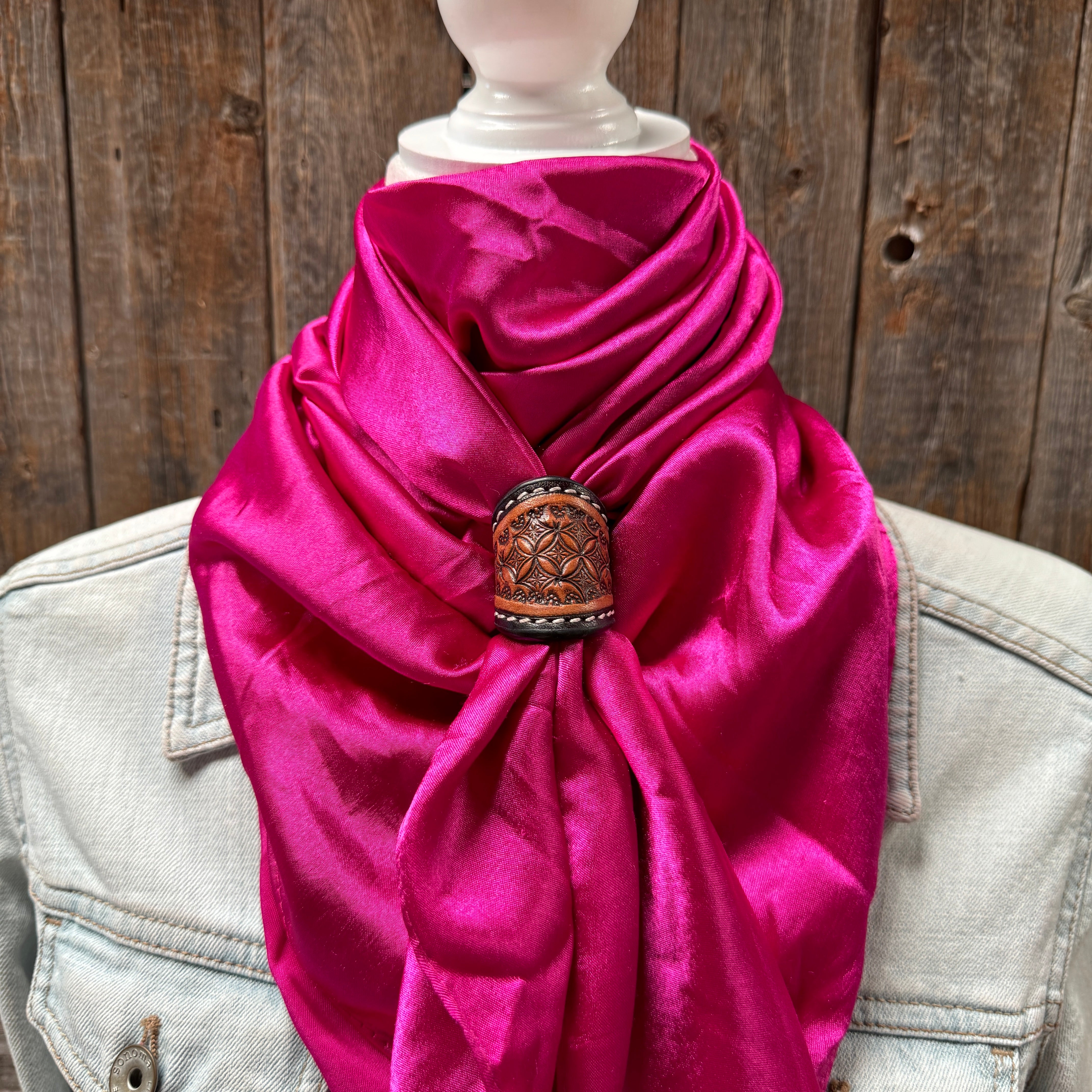 35X35" Solid Fuchsia Wild Rag / Scarf WRS12 - Tooled Leather Wild Rag Slides - Assorted