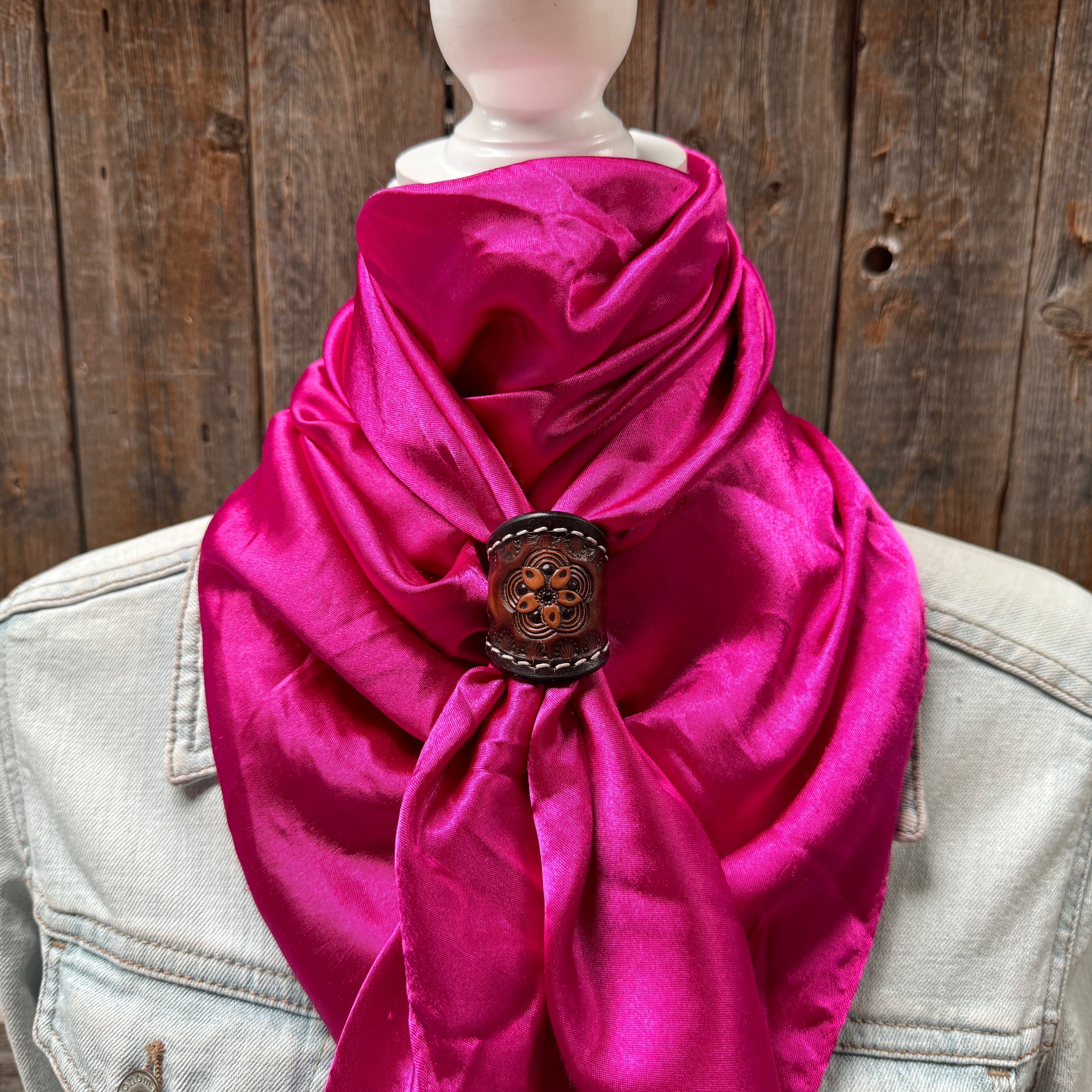 35X35" Solid Fuchsia Wild Rag / Scarf WRS12 - Tooled Leather Wild Rag Slides - Assorted