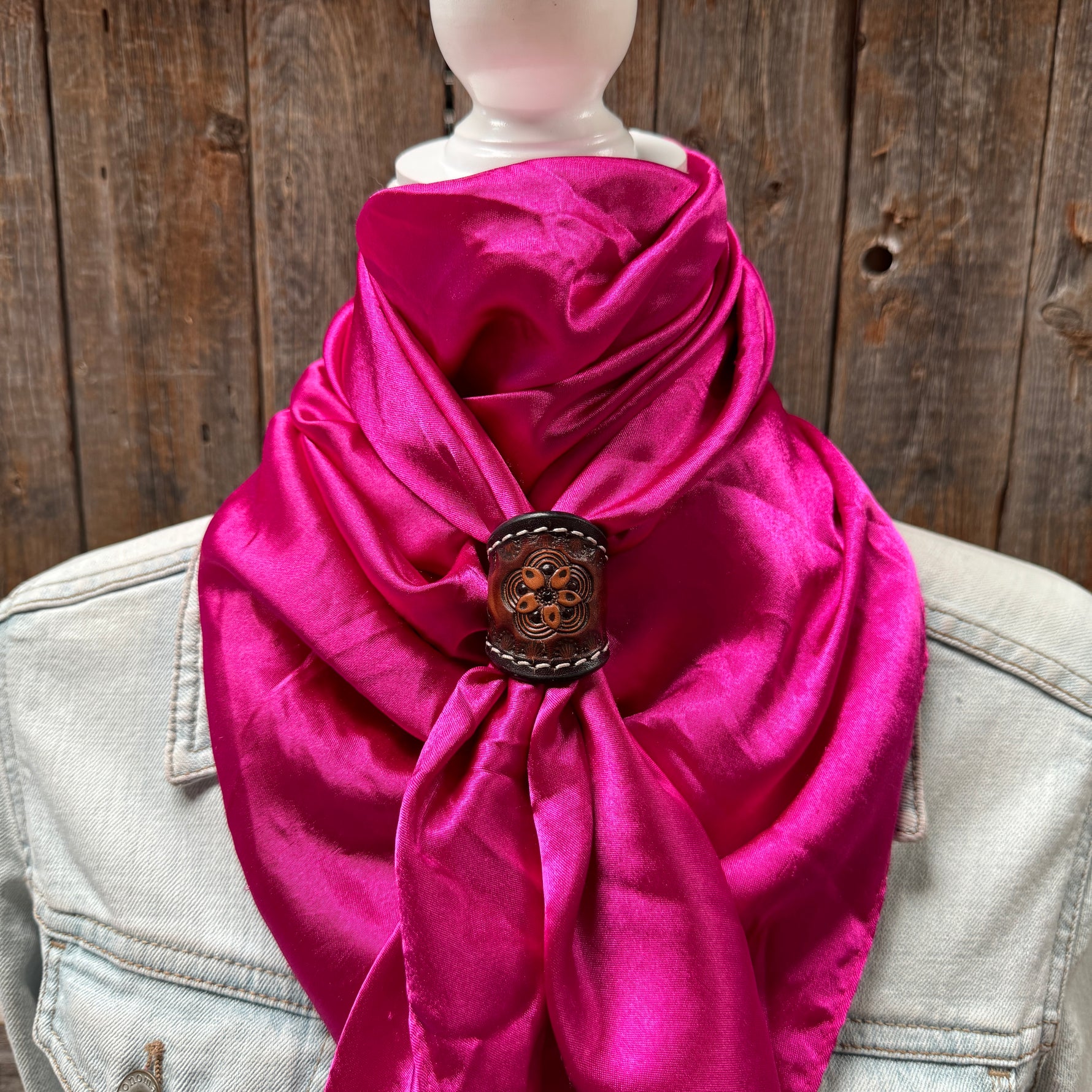 35X35" Solid Fuchsia Wild Rag / Scarf WRS12 - Tooled Leather Wild Rag Slides - Assorted