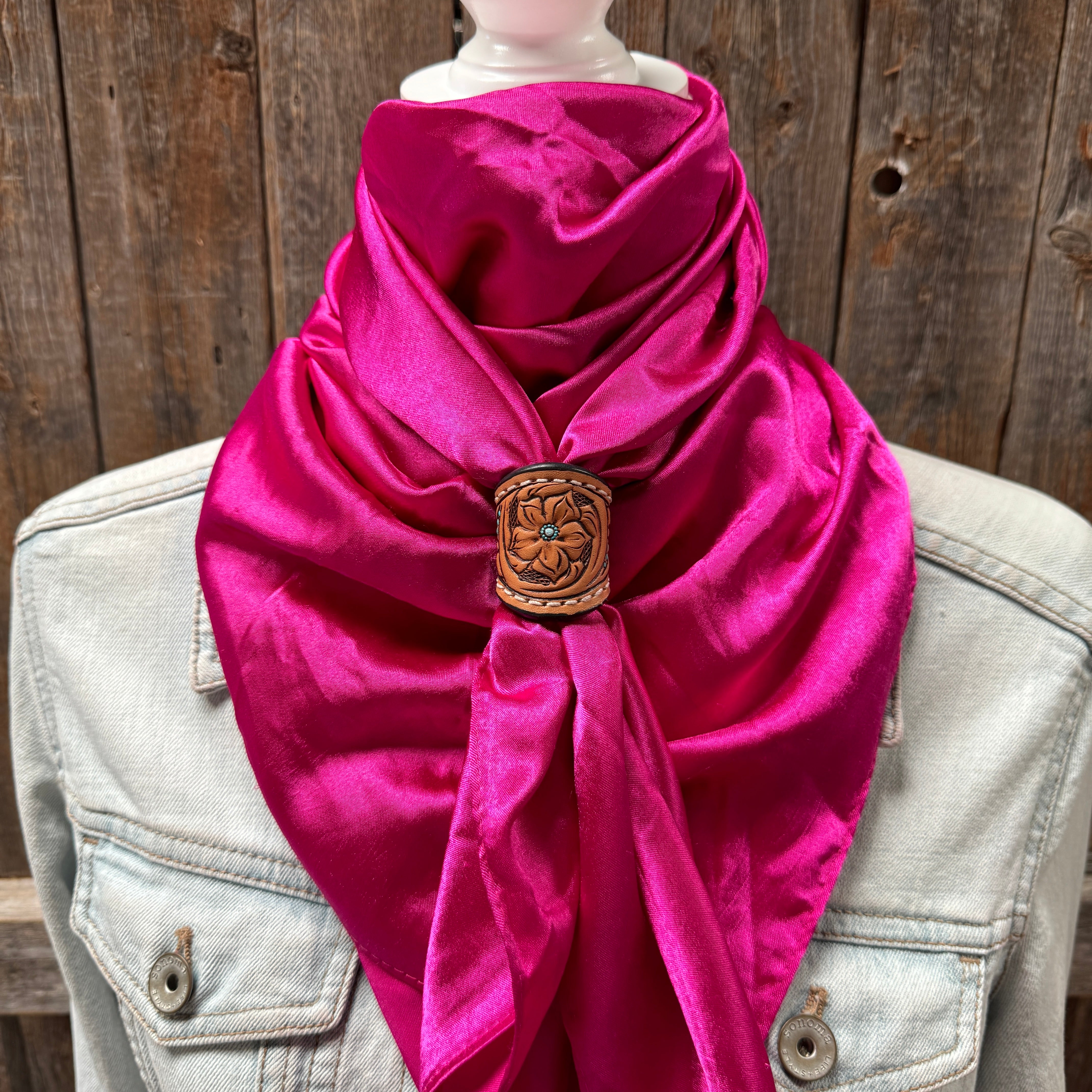 35X35" Solid Fuchsia Wild Rag / Scarf WRS12 - Tooled Leather Wild Rag Slides - Assorted