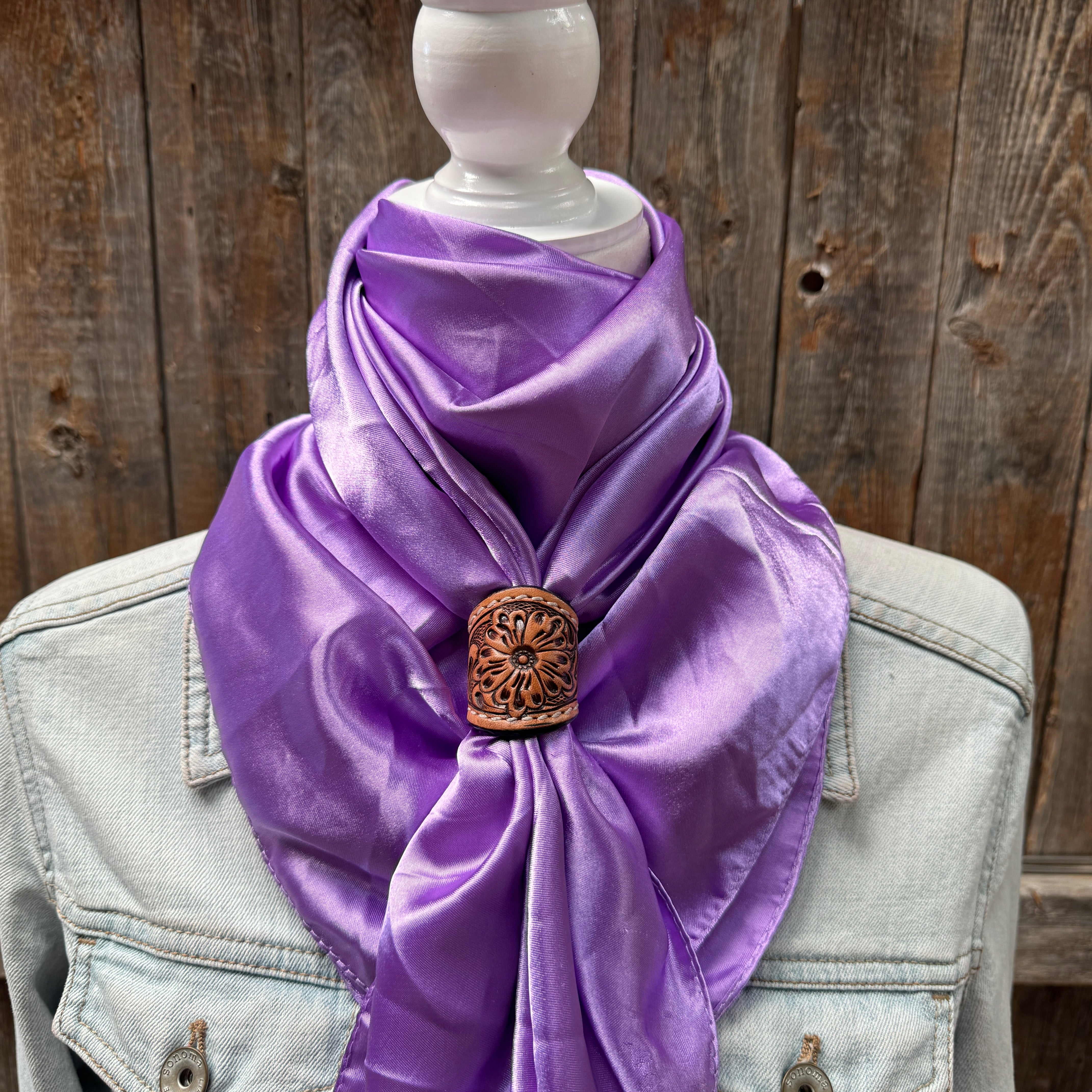 35X35" Solid Lavender Wild Rag / Scarf WRS13 - Tooled Leather Wild Rag Slides - Assorted