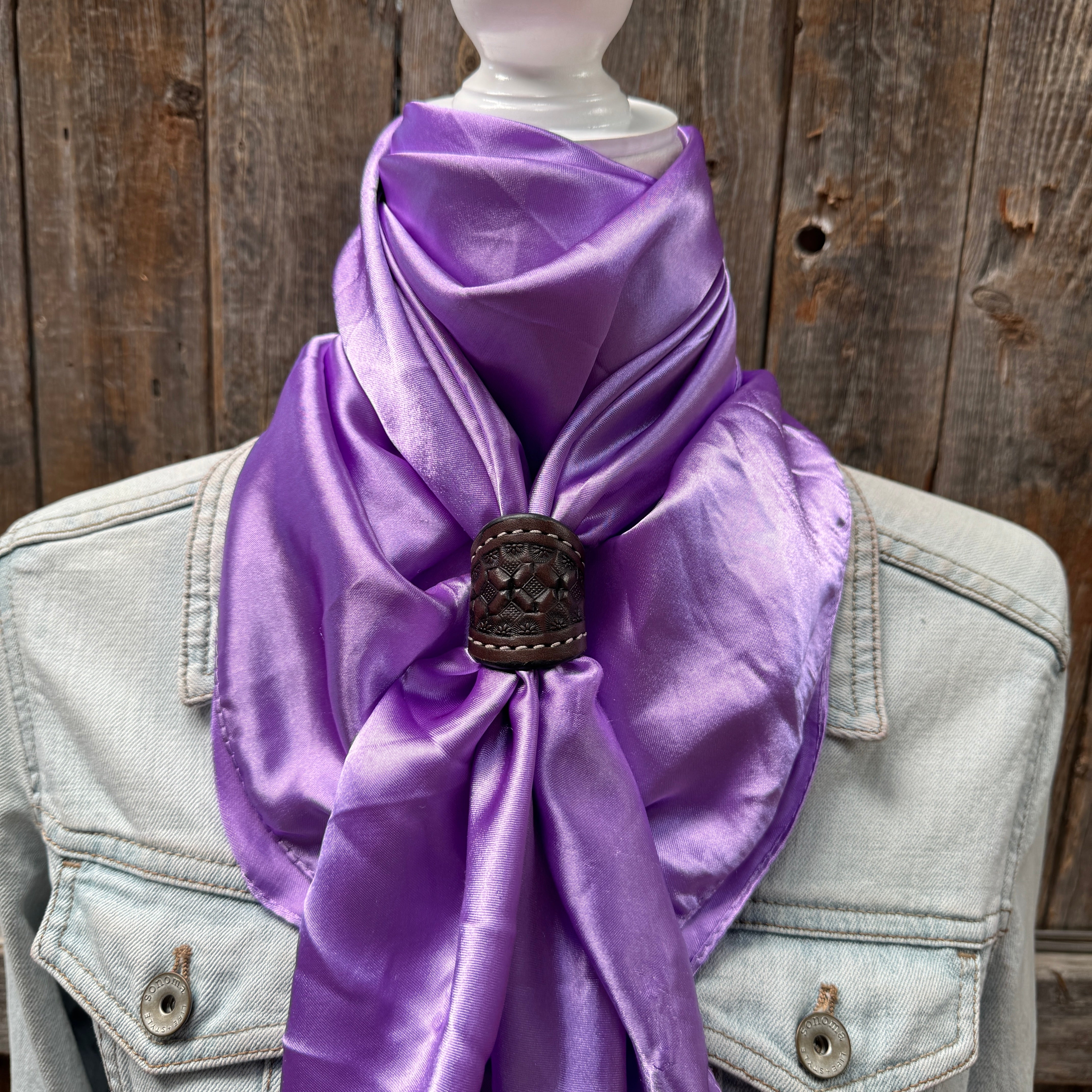 35X35" Solid Lavender Wild Rag / Scarf WRS13 - Tooled Leather Wild Rag Slides - Assorted