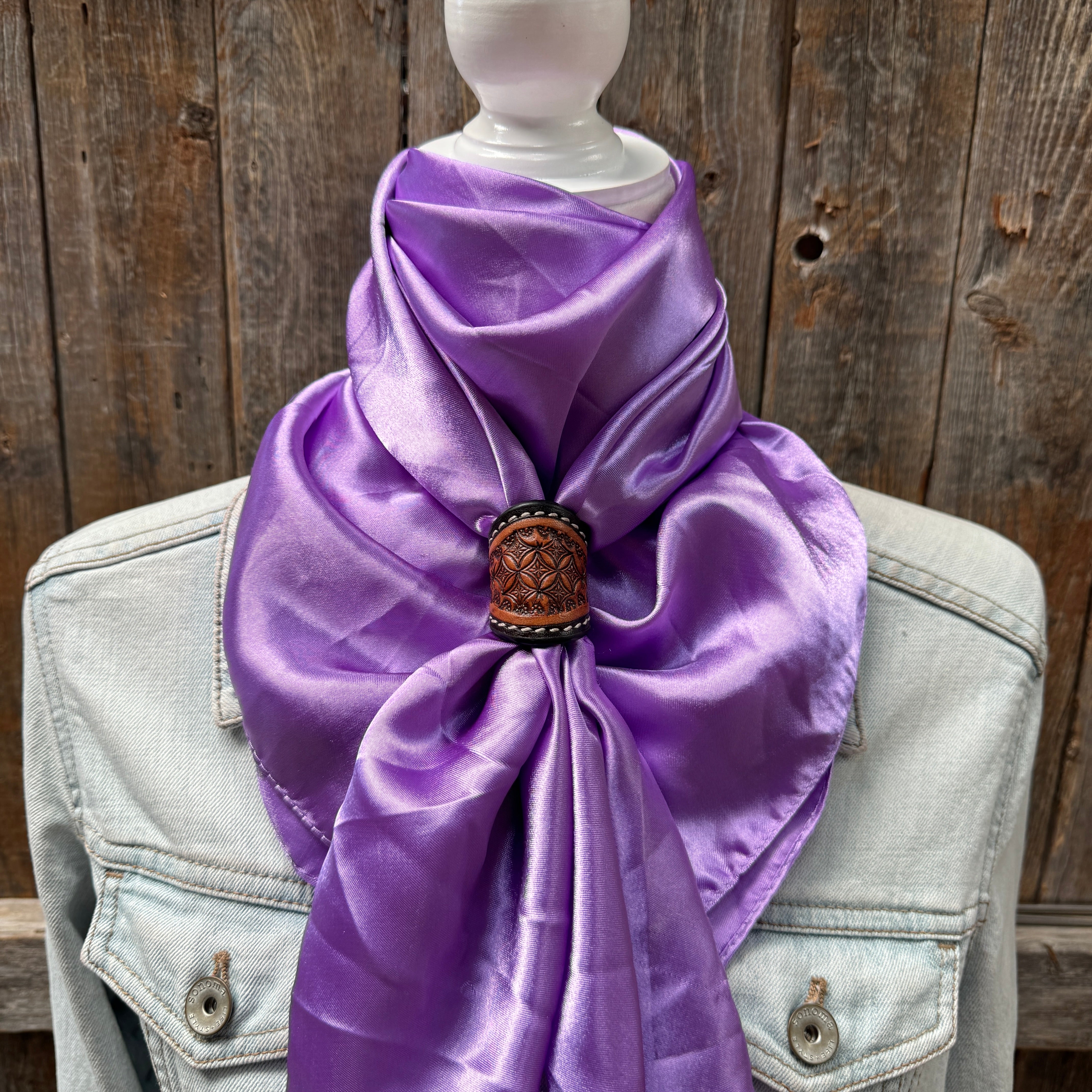 35X35" Solid Lavender Wild Rag / Scarf WRS13 - Tooled Leather Wild Rag Slides - Assorted