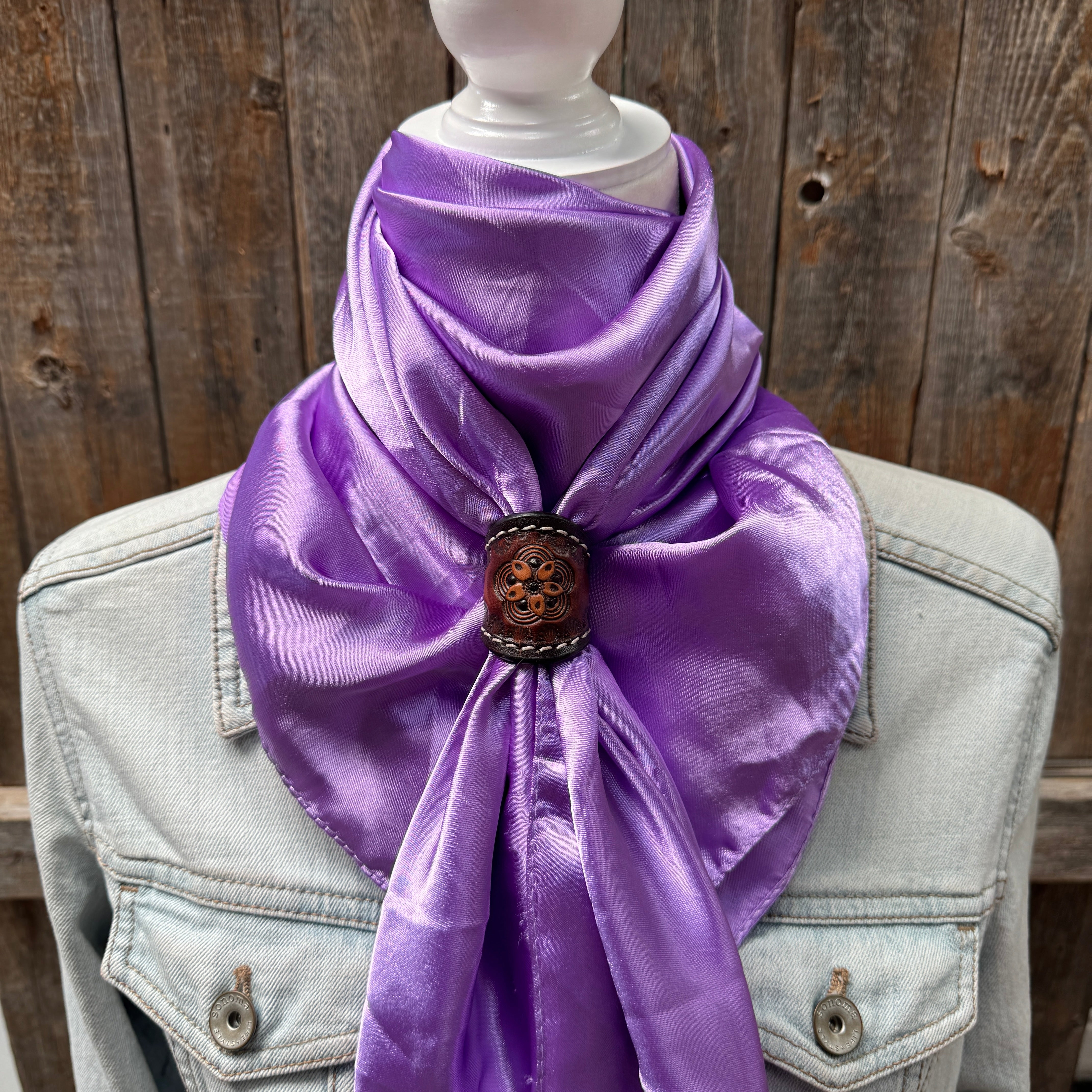 35X35" Solid Lavender Wild Rag / Scarf WRS13 - Tooled Leather Wild Rag Slides - Assorted