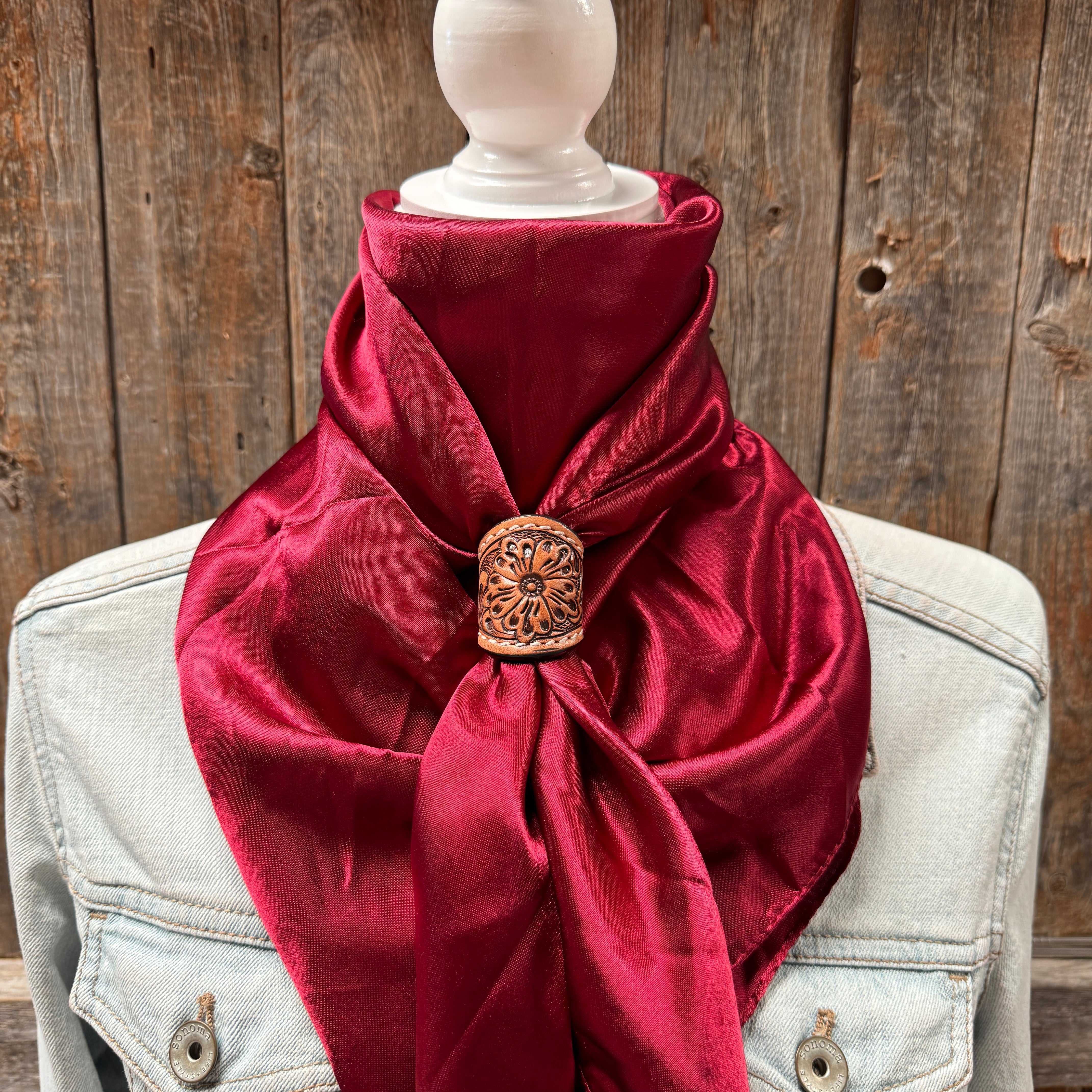 35X35" Solid Burgundy Wild Rag / Scarf WRS14 - Tooled Leather Wild Rag Slides - Assorted