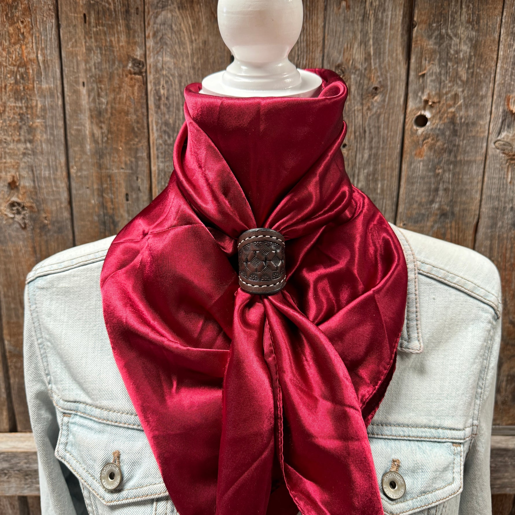 35X35" Solid Burgundy Wild Rag / Scarf WRS14 - Tooled Leather Wild Rag Slides - Assorted