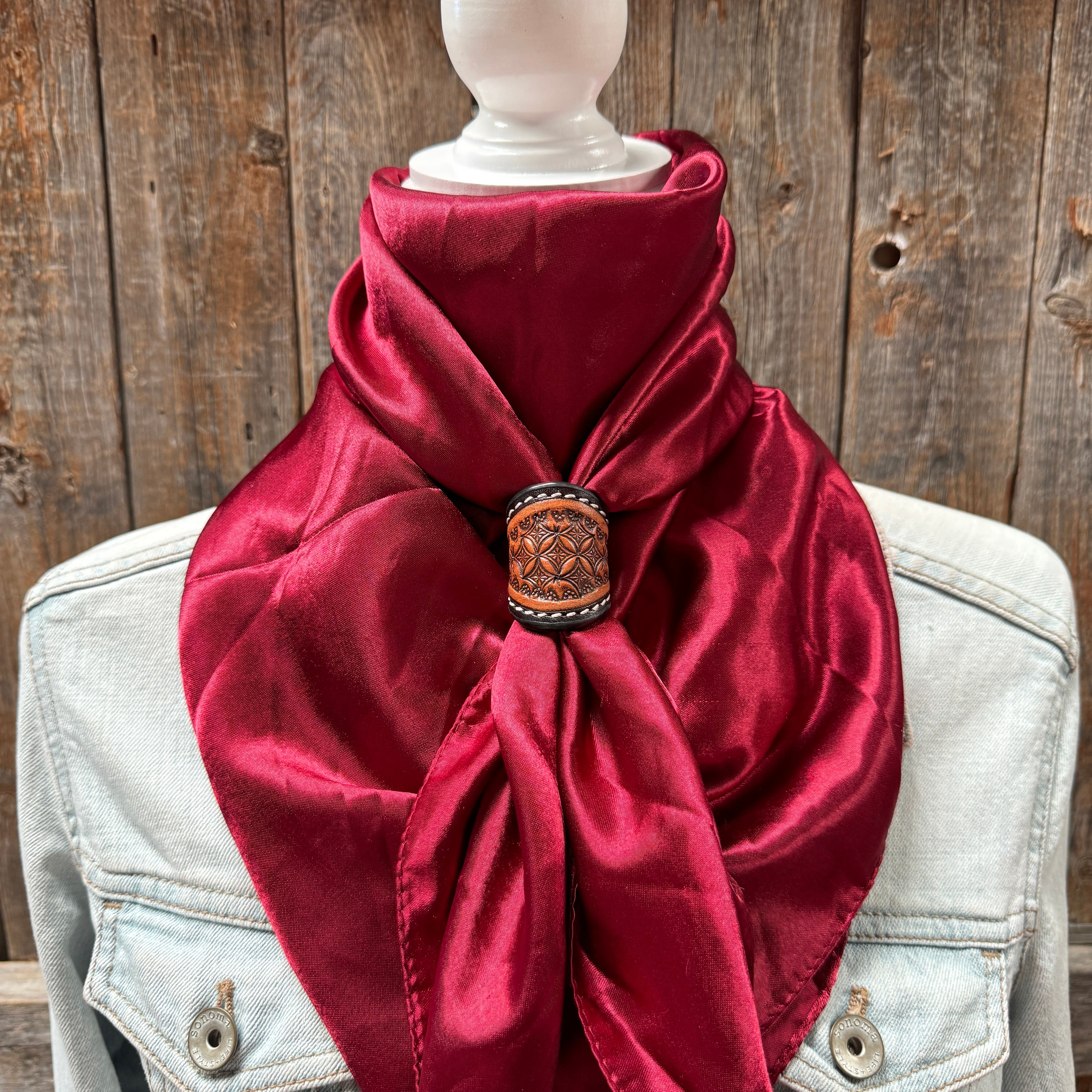 35X35" Solid Burgundy Wild Rag / Scarf WRS14 - Tooled Leather Wild Rag Slides - Assorted