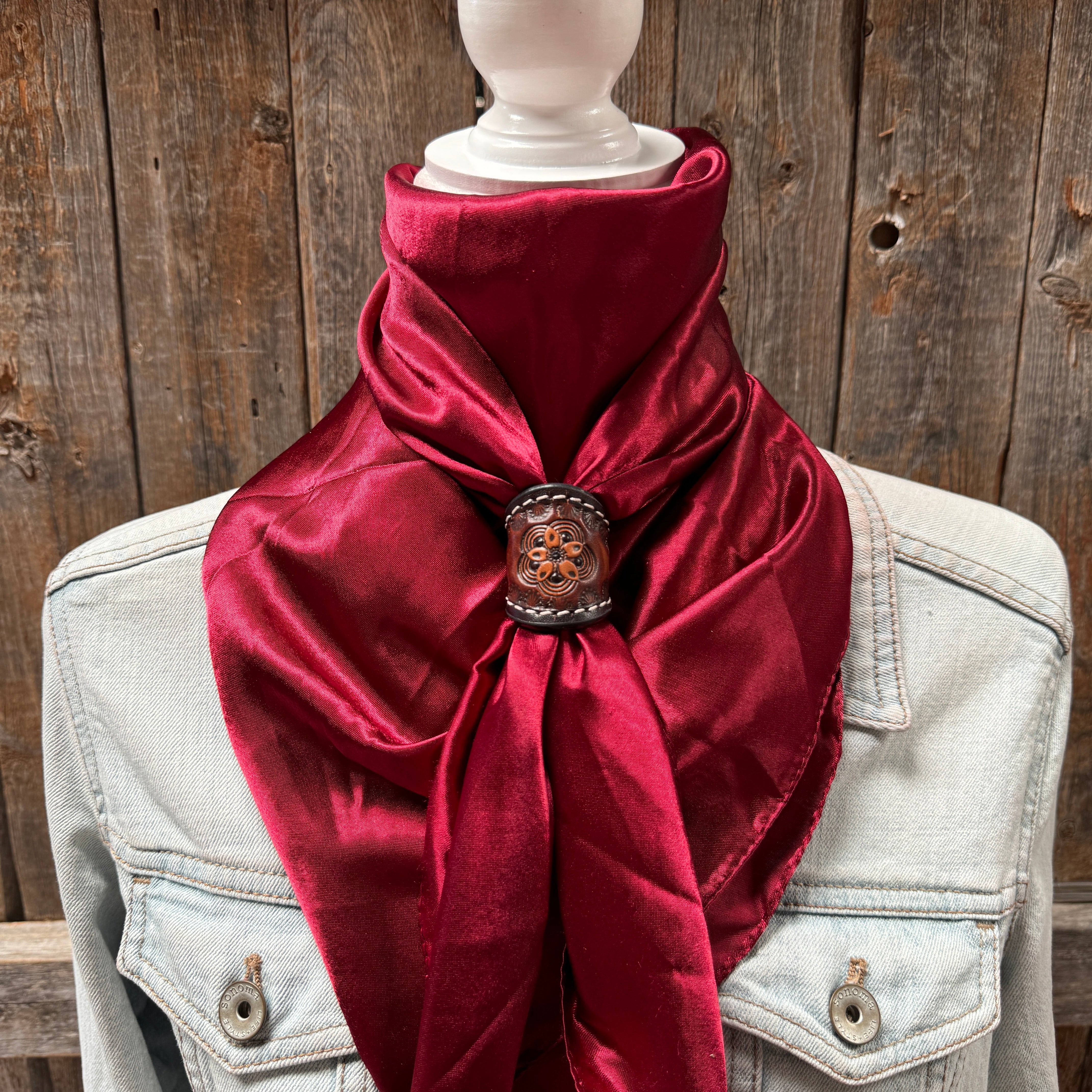 35X35" Solid Burgundy Wild Rag / Scarf WRS14 - Tooled Leather Wild Rag Slides - Assorted