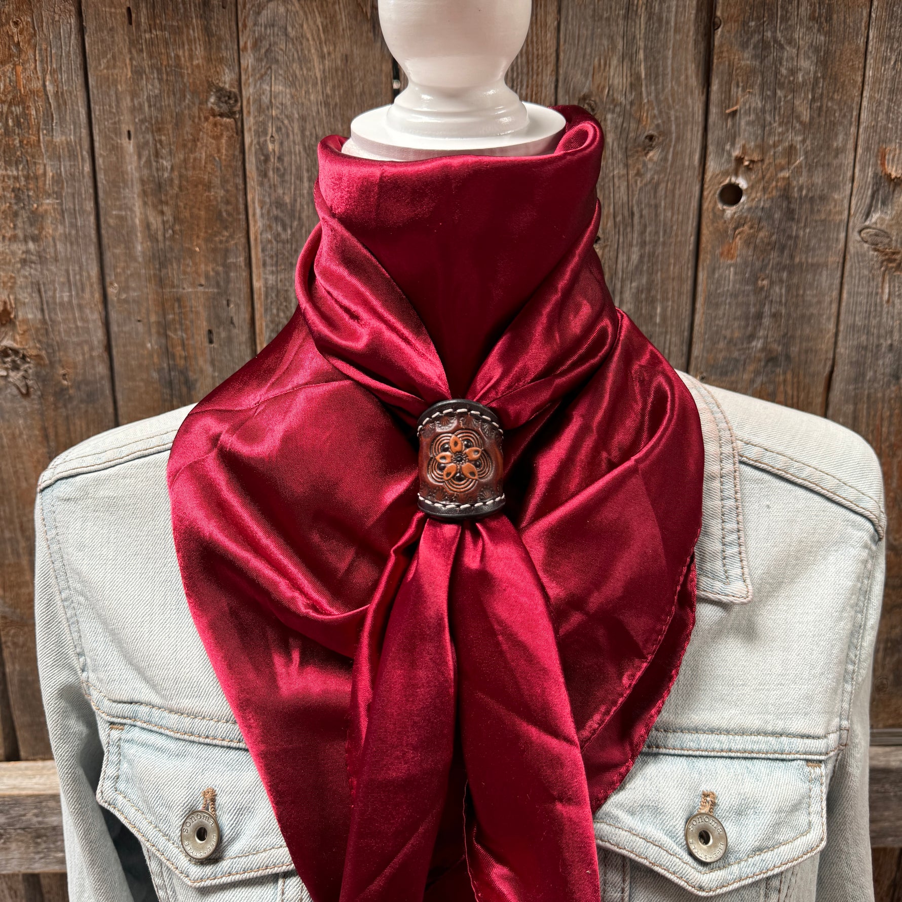 35X35" Solid Burgundy Wild Rag / Scarf WRS14 - Tooled Leather Wild Rag Slides - Assorted