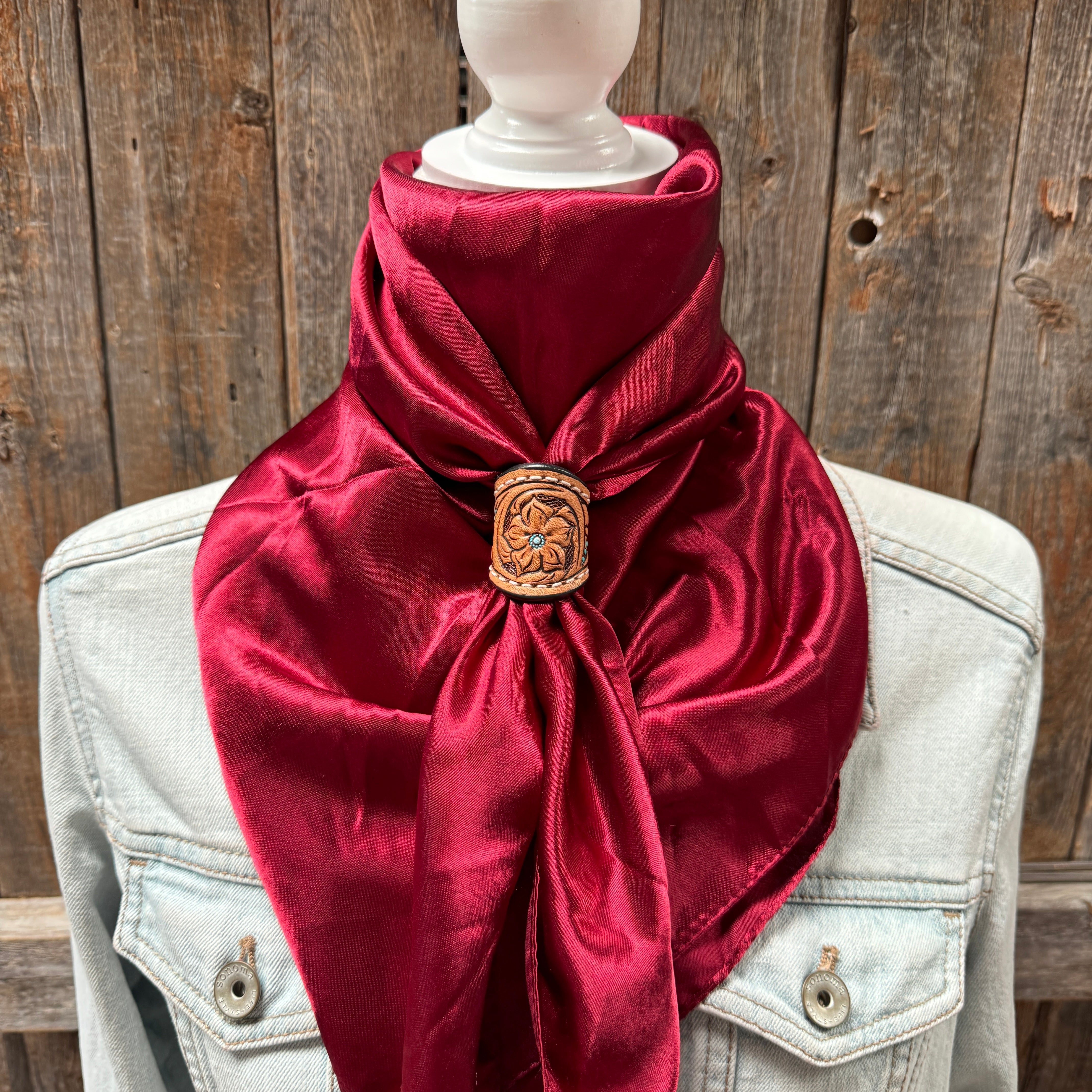 35X35" Solid Burgundy Wild Rag / Scarf WRS14 - Tooled Leather Wild Rag Slides - Assorted